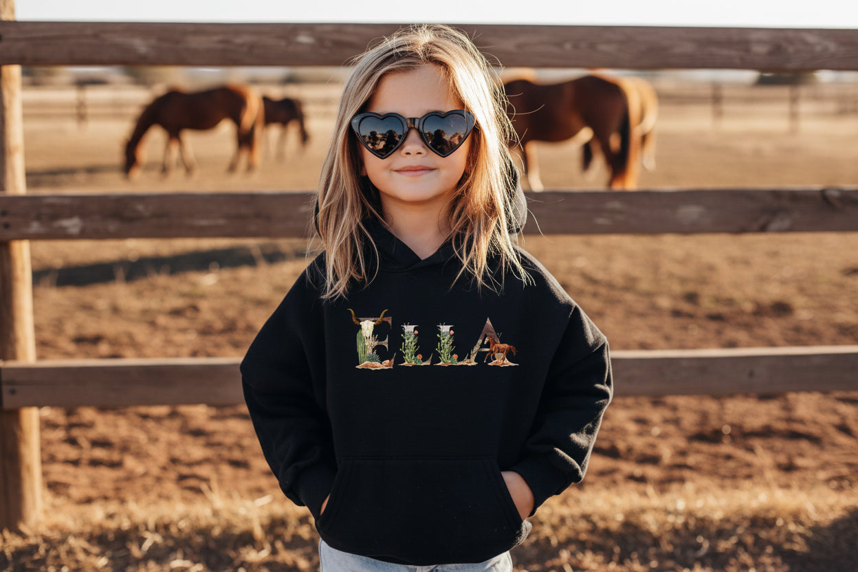Personalized Youth Hoodie Old West Lettering, Custom Name Cowboy Sweatshirt -Razels