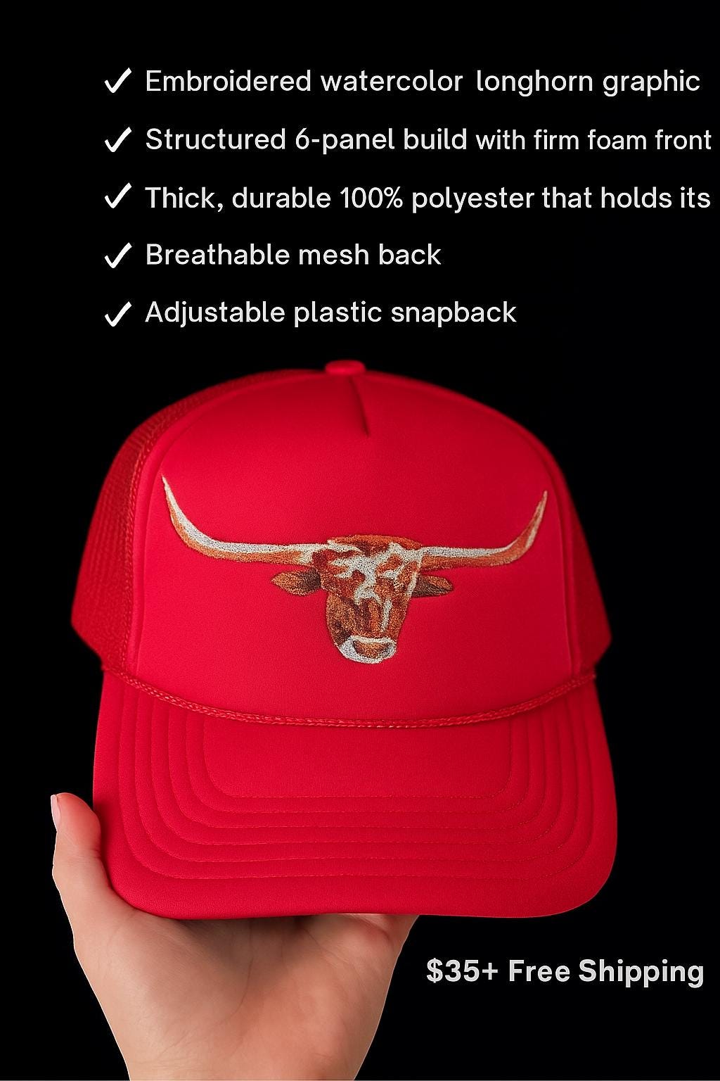 Watercolor Longhorn Foam Trucker Hat, Western Cowgirl Style, Embroidered Steer Cap -Razels