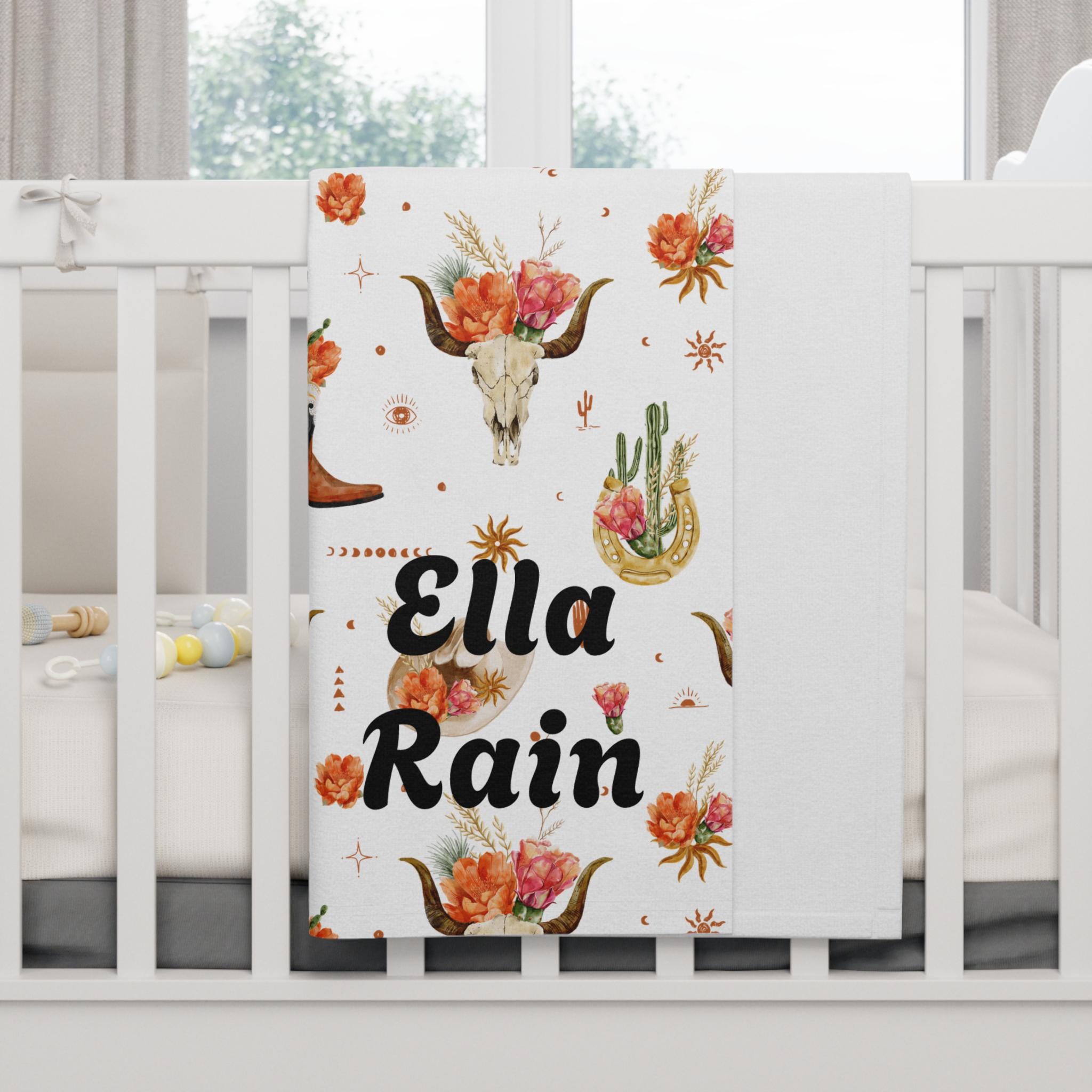 Personalized Southwestern Floral Baby Blanket: Boho Cowgirl Nursery Decor