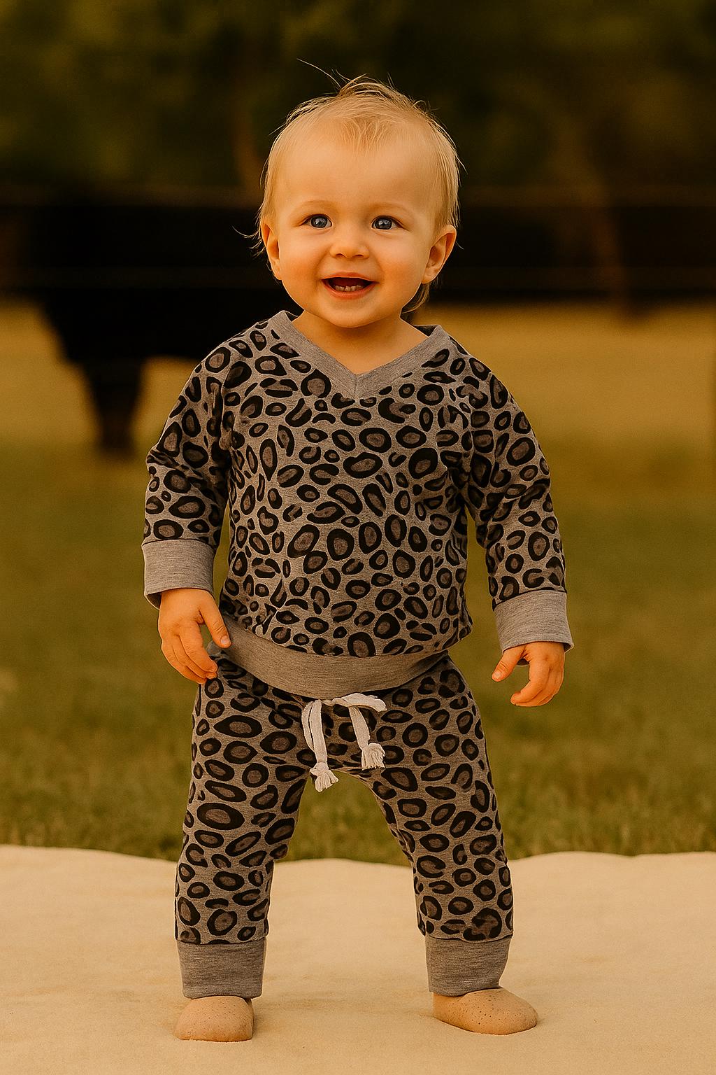 Black Grey Cheetah Jogger Outfit for baby toddler size 1-2 years, lightweight Leopard Unisex Sweats