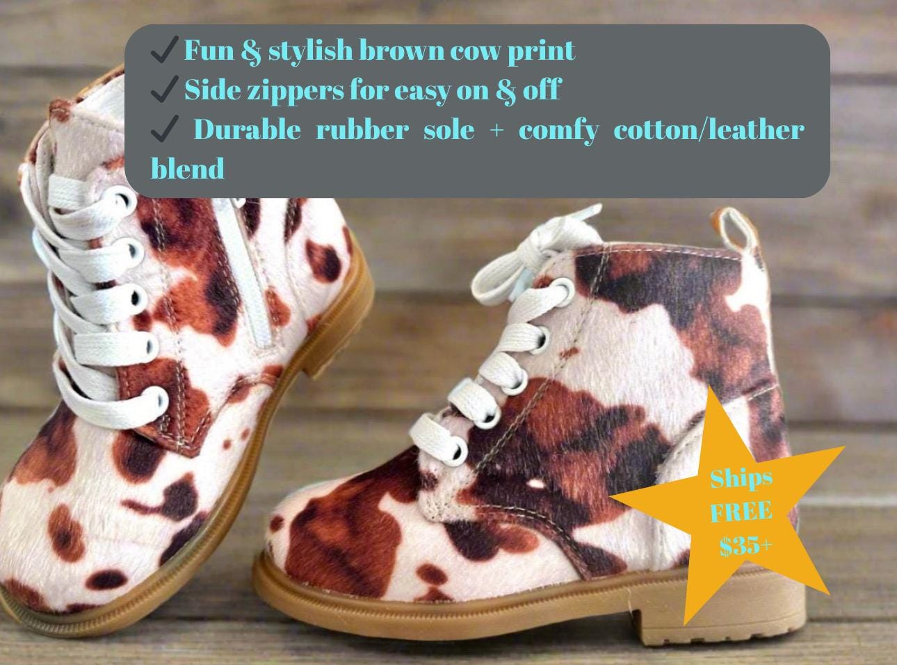CLEARANCE Toddler Cow Print Boots – Western Brown Cowboy Boots for Kids – Sizes 8, 8.5
