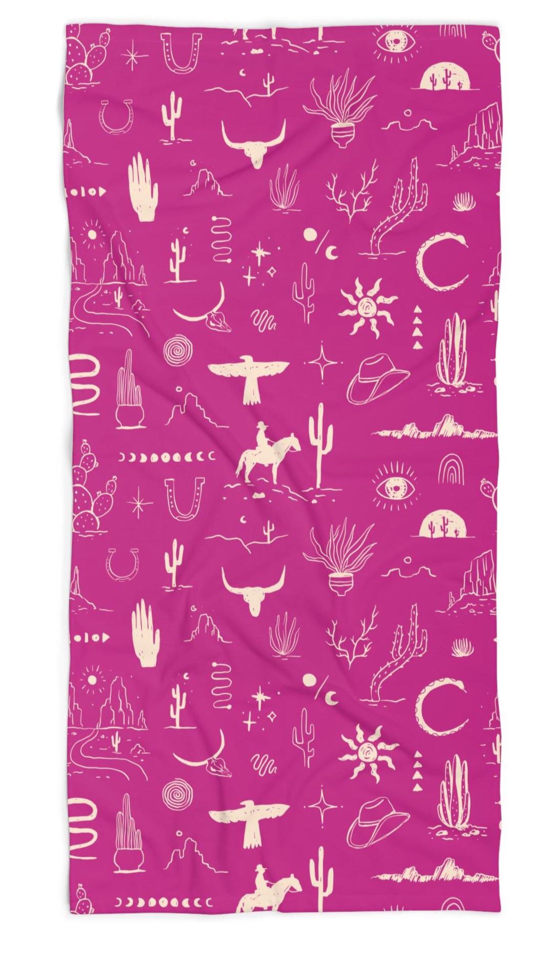Available in 8 bold background colors, this towel is the perfect way to show off your Western spirit, from rodeo mornings to lazy river afternoons.

✓ Vibrant Allover Western Design – Cowboys, cacti, thunderbirds, and more
✓ Choose Your Style – Available in 8 stunning background colors
✓ Oversized & Comfortable – 30&quot; x 60&quot; towel wraps up adults with ease
✓ Soft & Absorbent – Plush cotton loop backing with a smooth, vivid poly front
✓ Built Tough – Hemmed edges for durability wash after