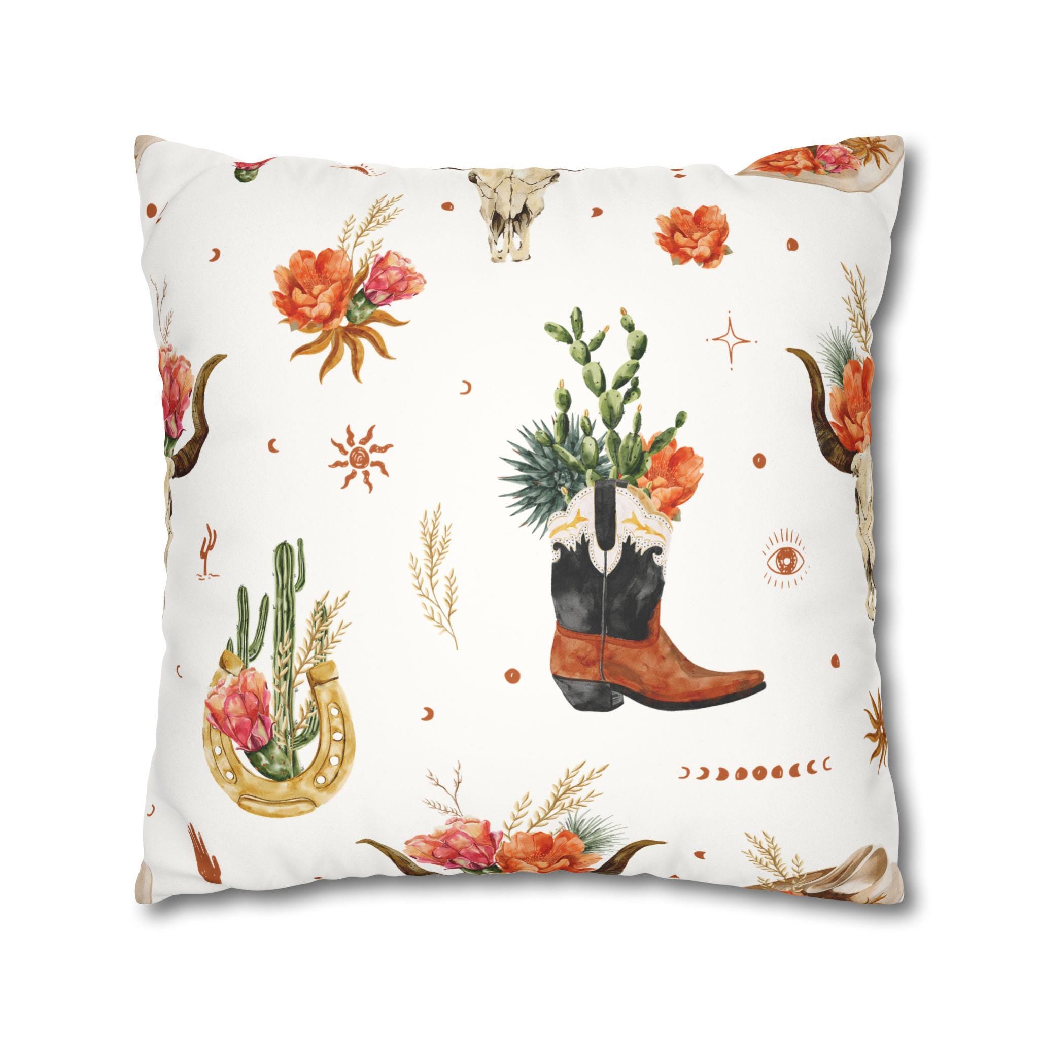 Western Throw Pillow: Boho Floral Cowboy Accent - Rustic Farmhouse Decor -Razels