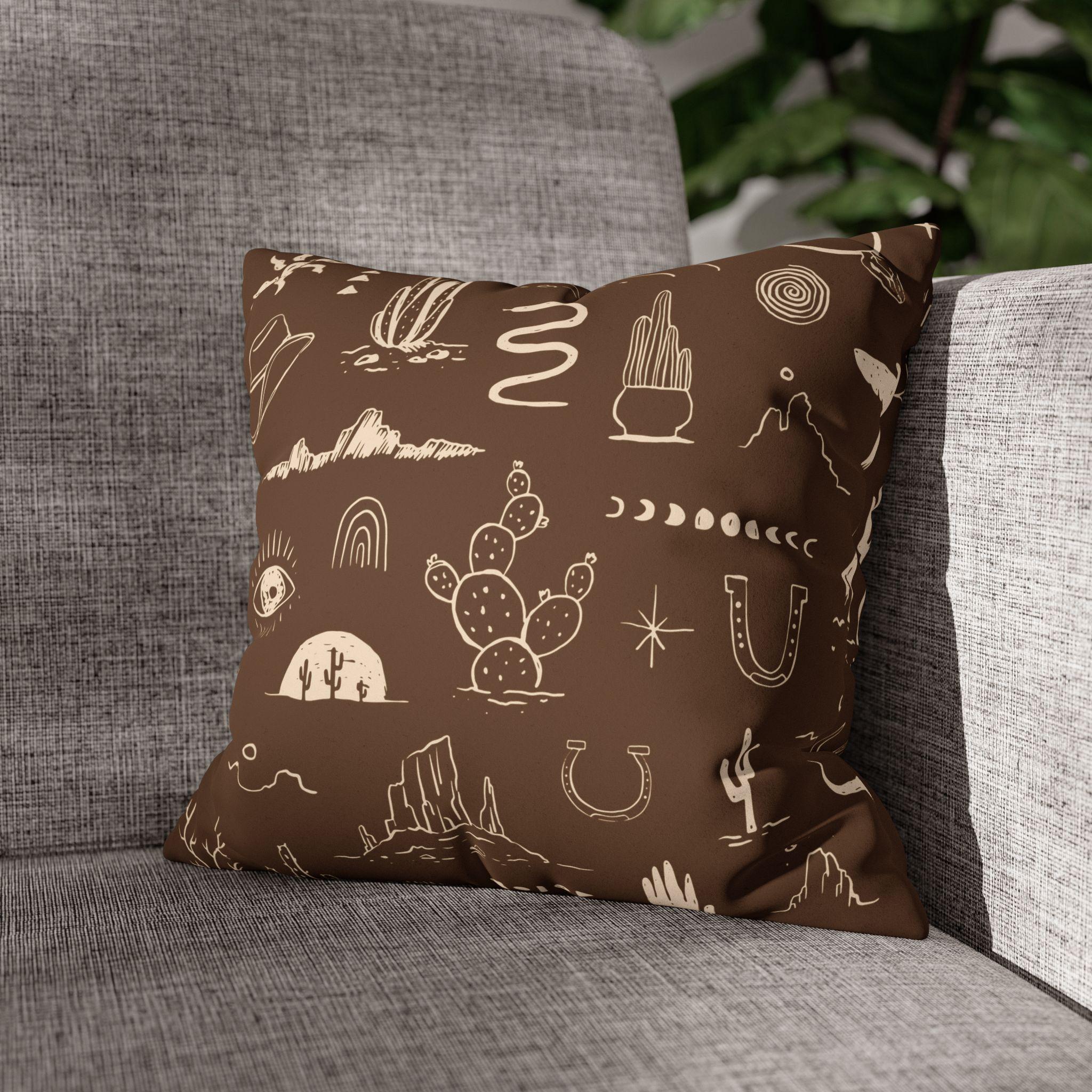 Western Motif Pillow Cover, Faux Suede Throw Pillowcase in 10 Colors, Cowboy Cactus Thunderbird Snake Design, 4 Sizes, Cowboy Decor Pillows