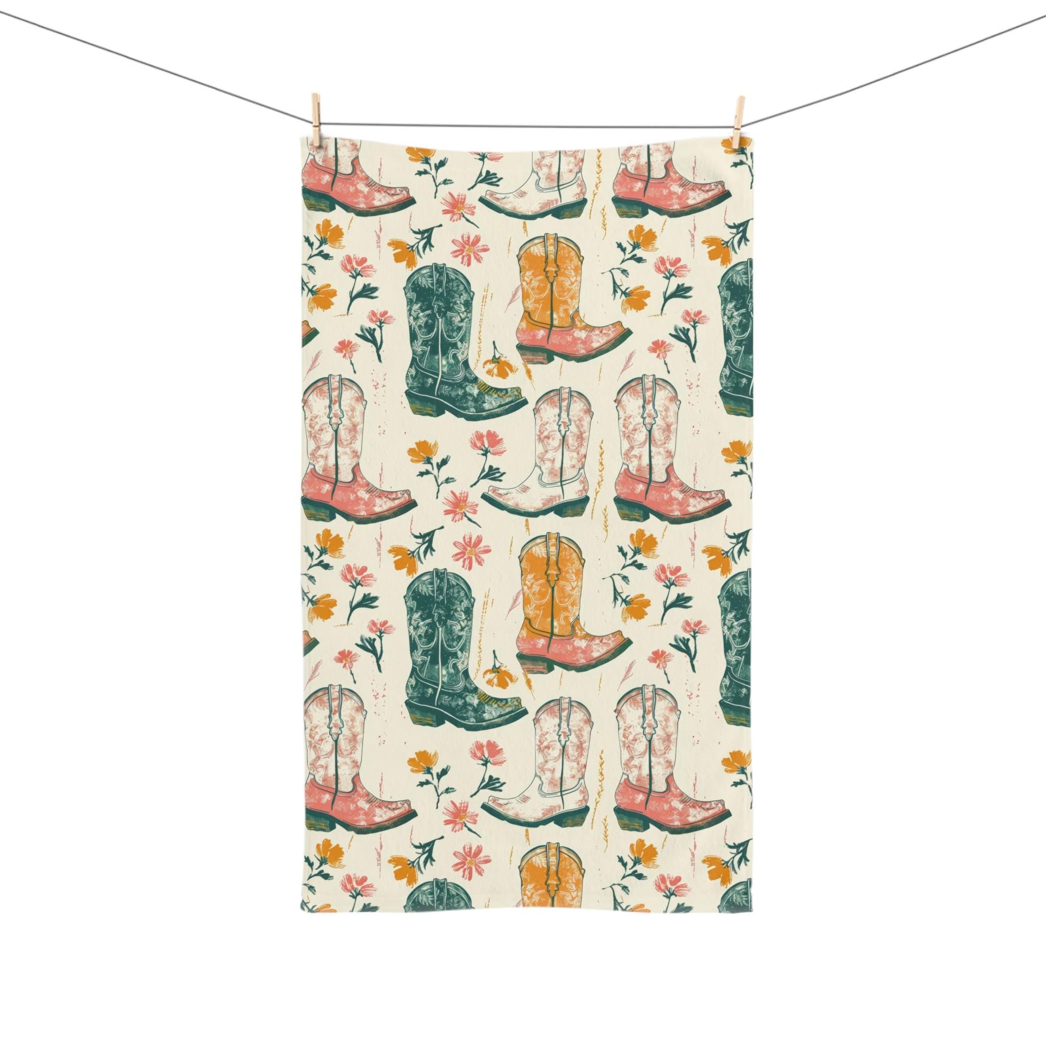 Cowgirl Boots Hand Towel: Western Floral Farmhouse Kitchen Decor