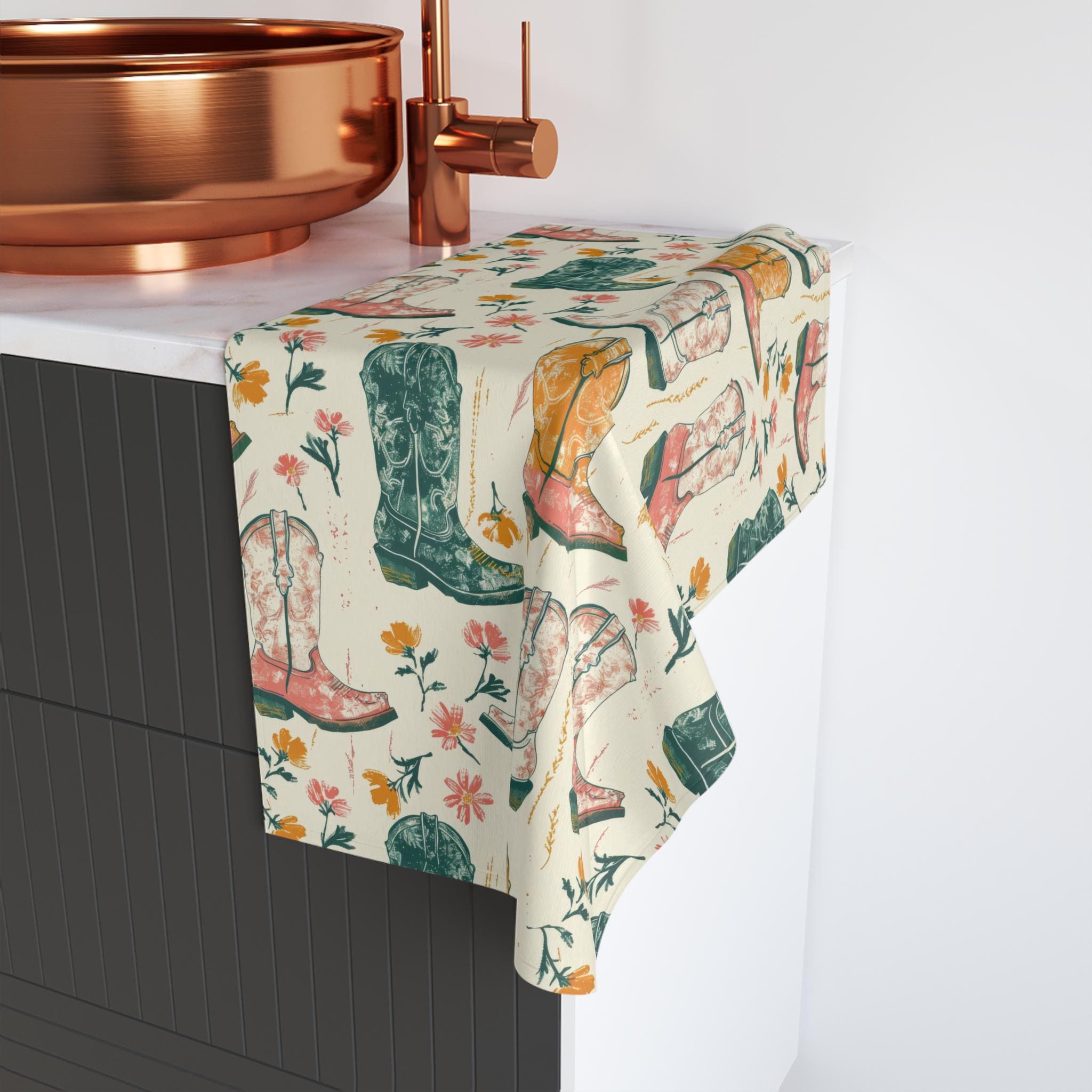Cowgirl Boots & Blooms Hand Towel – Western Charm for Your Home 🤠🌸

Add some cowgirl sass to your sink space! This hand towel features a vibrant mix of floral flair and classic cowgirl boots—bringing the perfect pop of personality to your kitchen, bathroom, or even your camper.

✓ Soft + lightweight blend for easy everyday use✓ Super absorbent for quick cleanups
✓ Durable 52% polyester / 48% cotton fabric
✓ Sized at 16&quot; × 28&quot; — just right for any room!