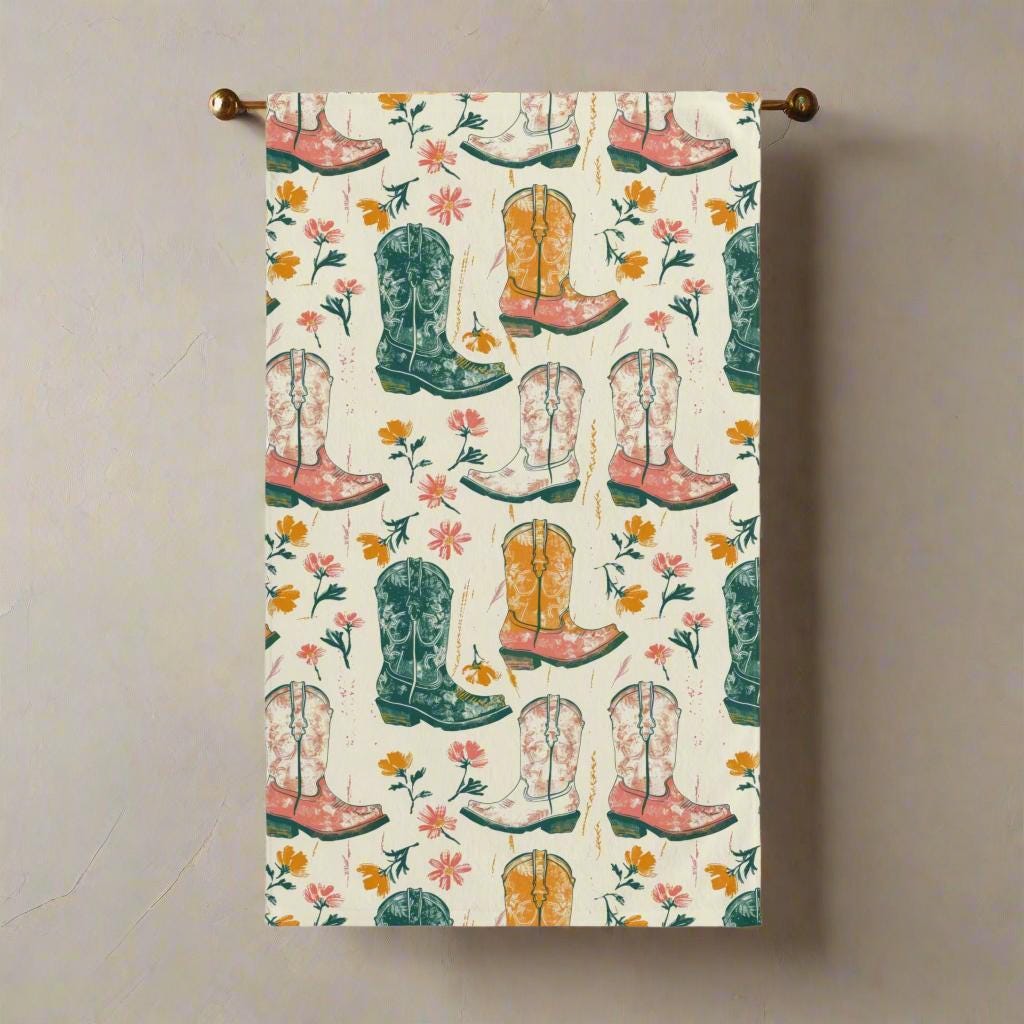 Cowgirl Boots & Blooms Hand Towel – Western Charm for Your Home 🤠🌸

Add some cowgirl sass to your sink space! This hand towel features a vibrant mix of floral flair and classic cowgirl boots—bringing the perfect pop of personality to your kitchen, bathroom, or even your camper.

✓ Soft + lightweight blend for easy everyday use✓ Super absorbent for quick cleanups
✓ Durable 52% polyester / 48% cotton fabric
✓ Sized at 16&quot; × 28&quot; — just right for any room!