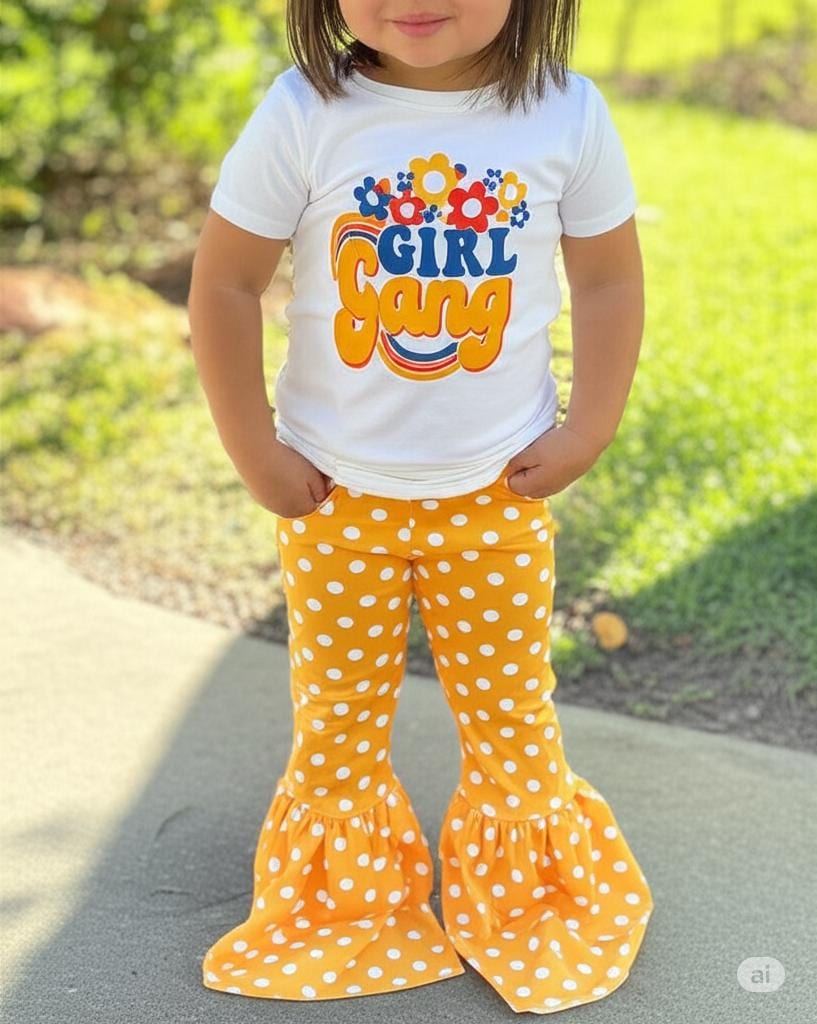 Girl Gang Shirt and Yellow Polka Dot Bell Bottom Outfit – Retro Floral Vibes for Girls!  🌼💪🏽

This fun, bright Polka Dot Bell Bottom outfit is perfect for your little fashionista! I love the retro floral vibe, and what could be more fun than yellow polka dot bell bottoms? This adorable outfit is ready for sunshine and warm weather! 🌞 Or, pair it with a denim jacket for those cooler days, especially if you live in Montana like us! 😉🤠