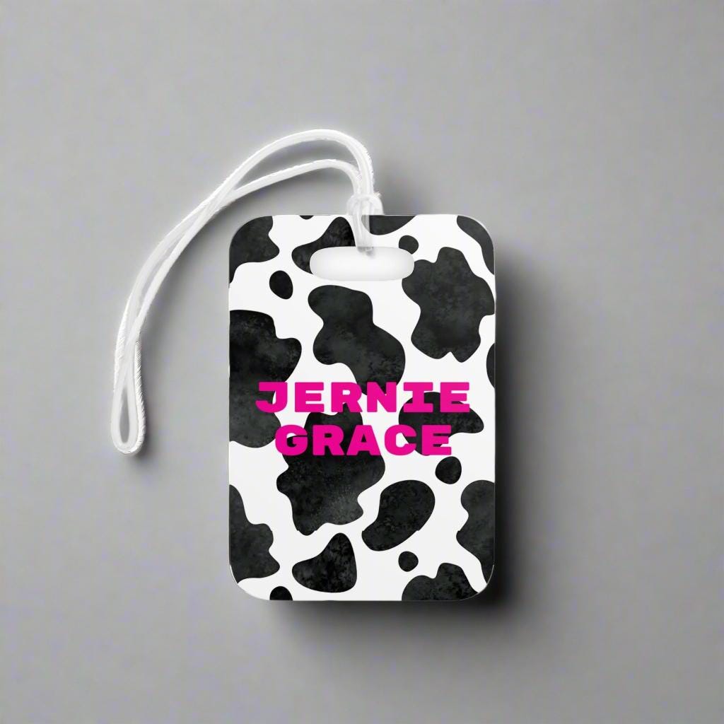 Cowprint Backpack Tag - Personalized Black & White Western Bag ID Tag with Hot Pink Name for Girls School Supplies -Razels
