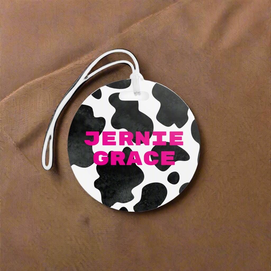 Cowprint Backpack Tag - Personalized Black & White Western Bag ID Tag with Hot Pink Name for Girls School Supplies -Razels