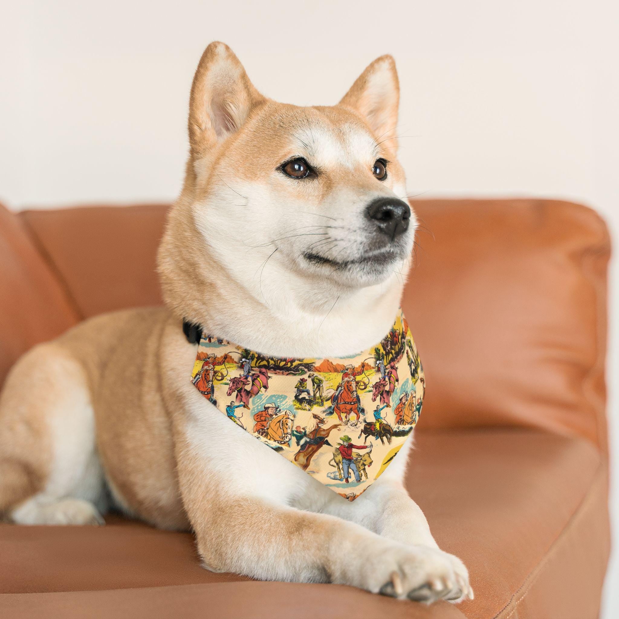 Cowboy Dog Bandana Vintage Western Print Pet Scarf, Durable Cotton Bandana for Dogs