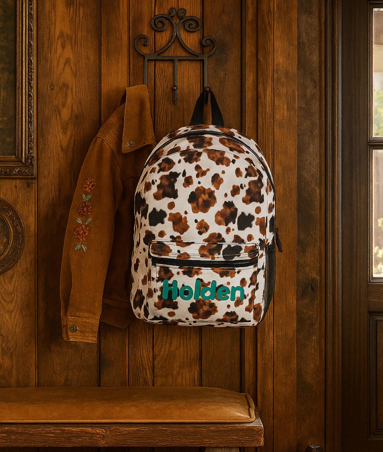 Personalized Cow Print Backpack, Brindle Western Back to School Bag for Kids