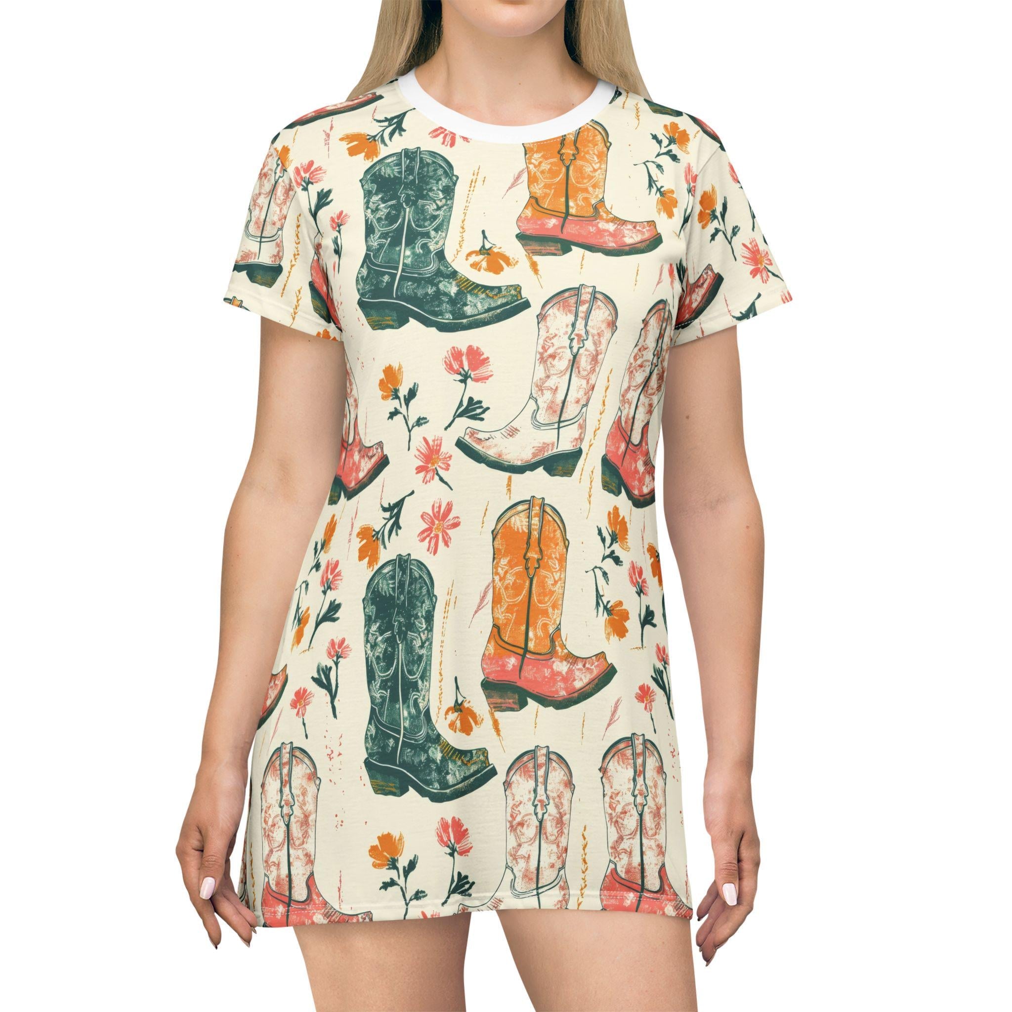 Floral Cowgirl Boots T-Shirt Dress - Western Boho Summer Casual Boot Print Dress for Women