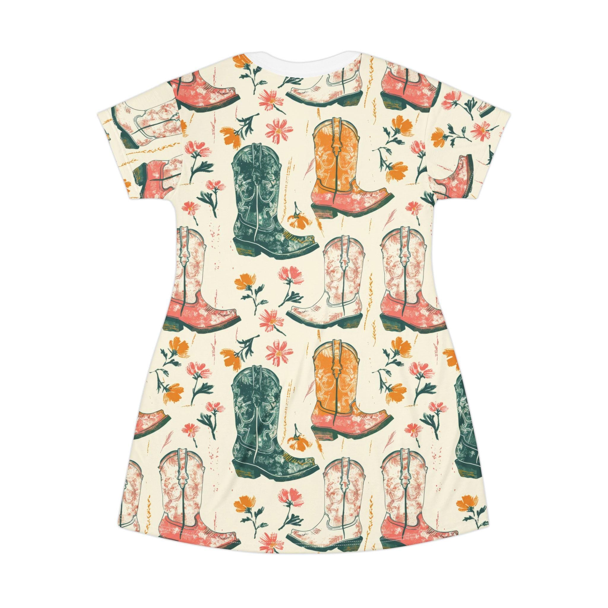 Floral Cowgirl Boots T-Shirt Dress - Western Boho Summer Casual Boot Print Dress for Women