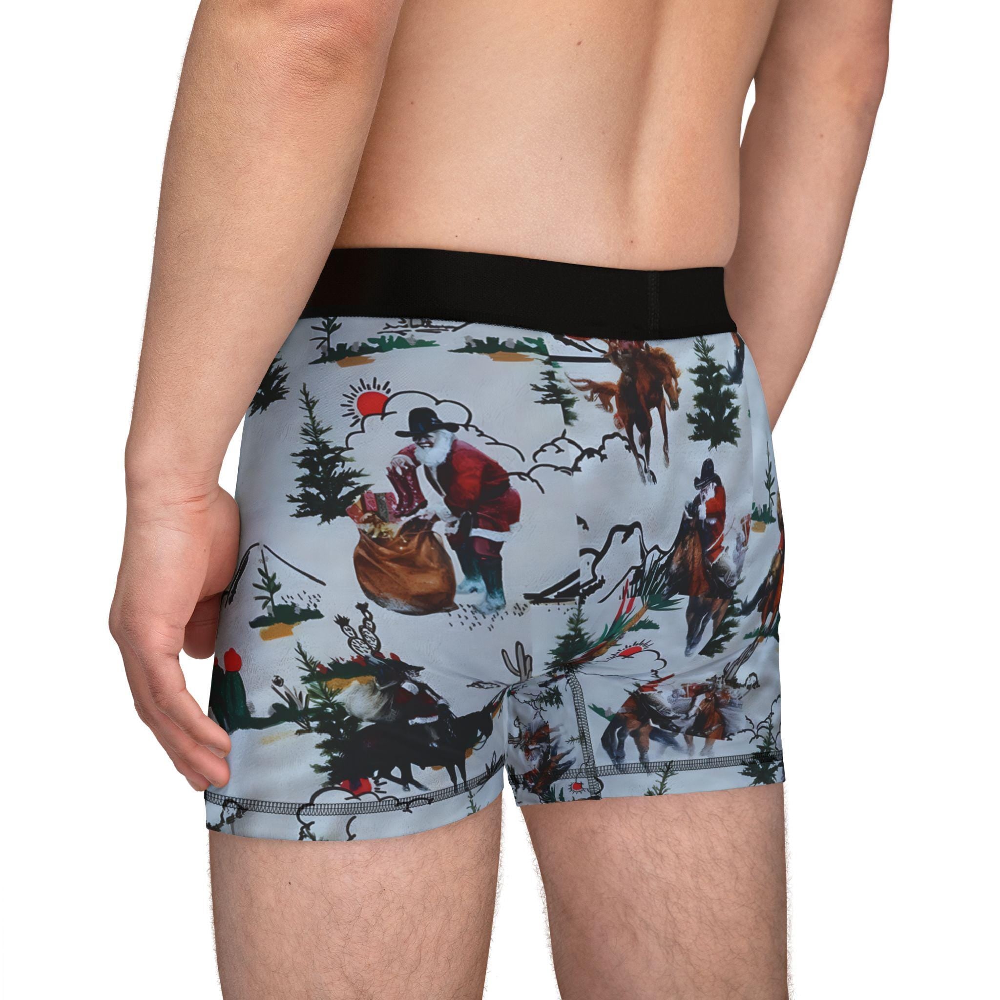 Saddle up for some serious holiday cheer! These Men’s Cowboy Santa Boxers are bringing the Christmas spirit with a bold Western twist. Featuring Cowboy Santa riding horseback (with a wild bronc or two in the mix), these festive undies are perfect for Christmas morning laughs, cozy nights in, or just spicing up your everyday basics. 
✓ 92% polyester for durability and fast drying
✓ Soft elastic waistband for all-day comfort
✓ Bright, vibrant allover Cowboy Santa print
FREE SHIPPING $35+