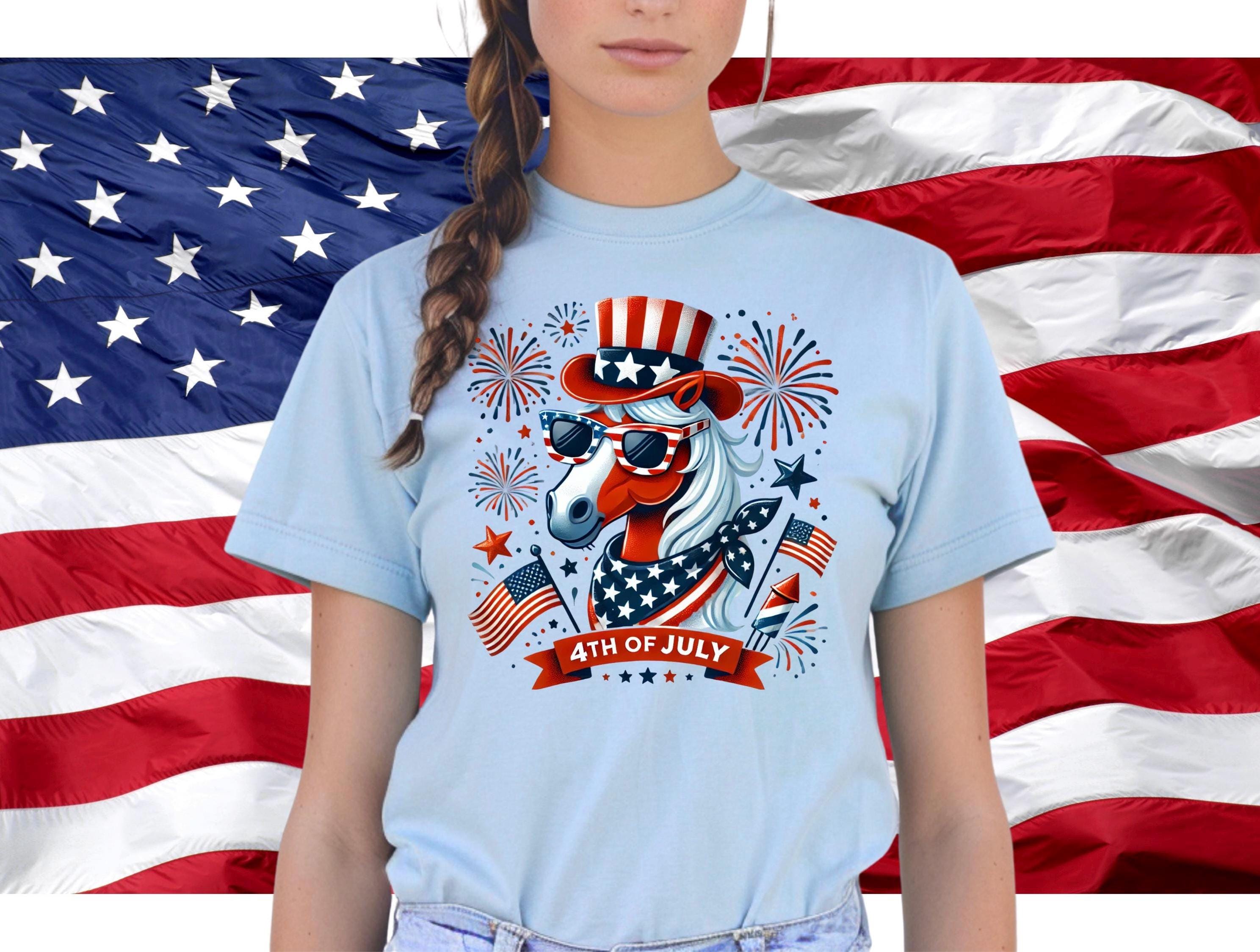Patriotic Horse 4th of July T-Shirt, USA Independence Day Shirt | Unisex Softstyle Tee | Fireworks Uncle Sam Hat Graphic -Razels