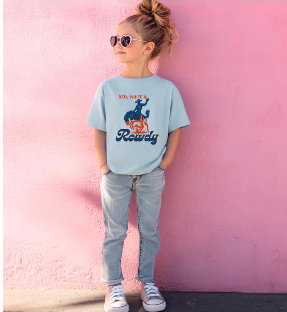 Kids Red, White & Rowdy Tee, Youth 4th of July Cowboy Shirt, Patriotic Bucking Horse T-Shirt, Western Rodeo Summer Outfit