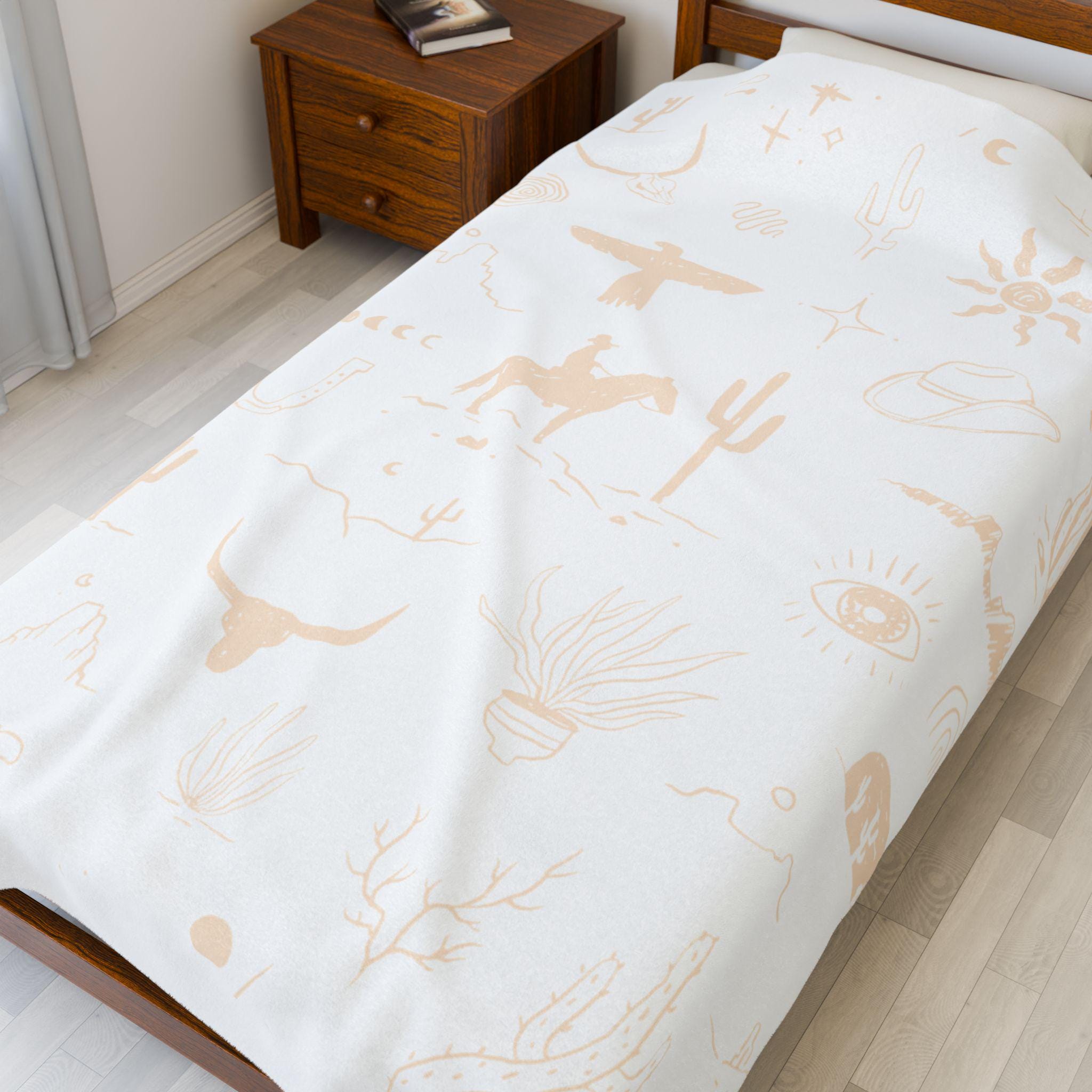 Cowboy Throw Blanket Beige & White Velveteen Western Motif with Cactus Steerhead Cozy Plush Home Decor Gift for Adults