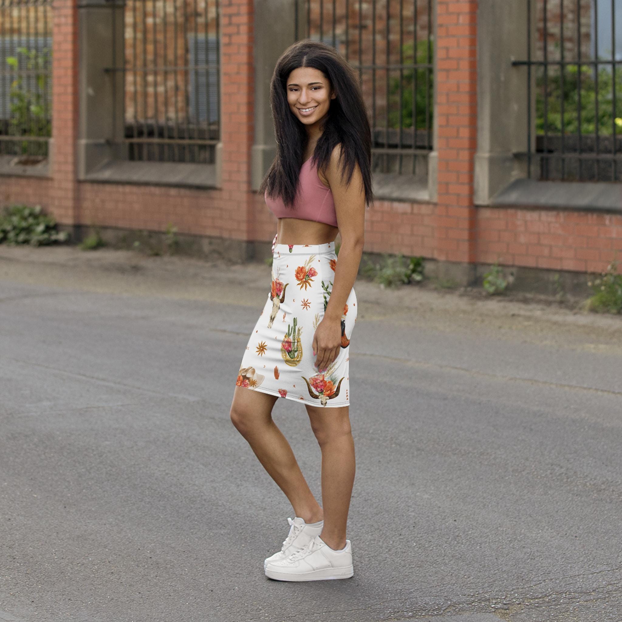 Boho Floral Pencil Skirt with Western Cowgirl Cactus & Steer Skull Print, Vintage Summer Bohemian Skirt for Women -Razels