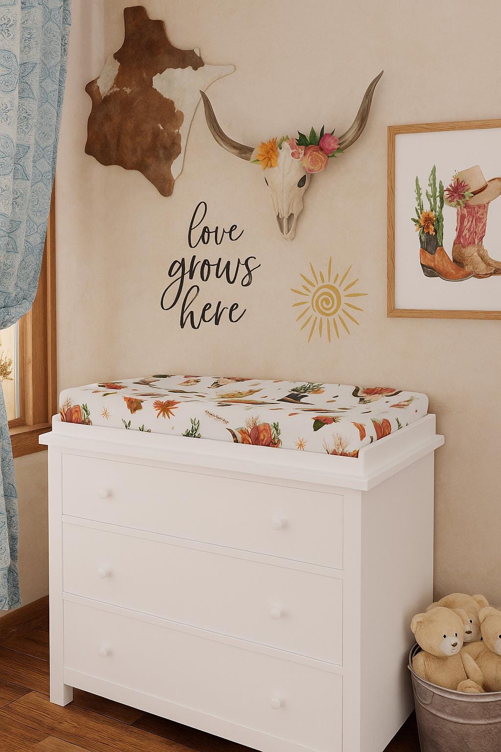 Western Boho Baby Changing Pad Cover, Floral Cowgirl Design with Cowboy Boots -Razels