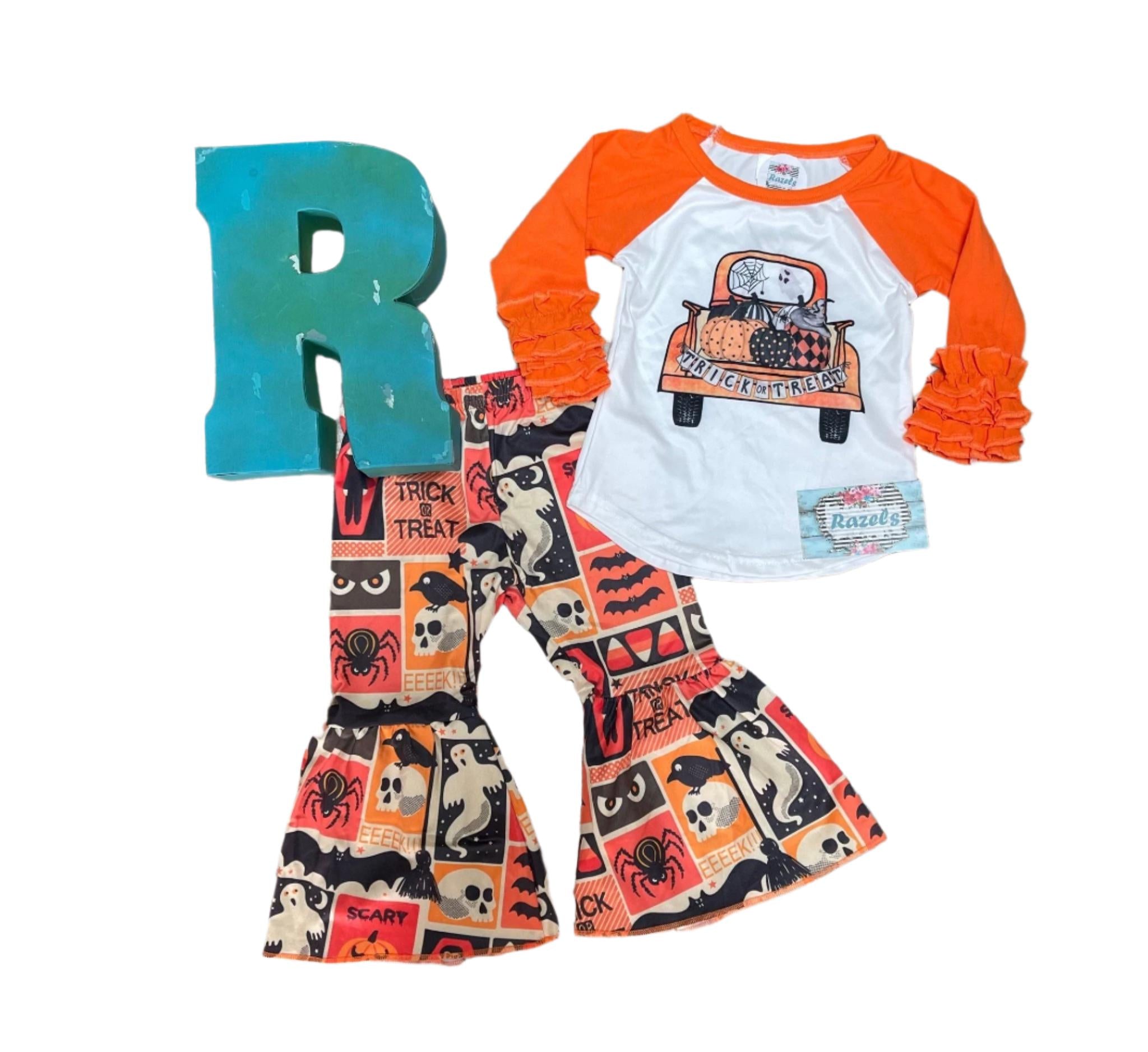 CLEARANCE $10 – Girls Halloween Bell Bottom Outfit, Pumpkin Truck Shirt, Spooky Pants Set, Sizes 3T 4T 6/12M Only -Razels