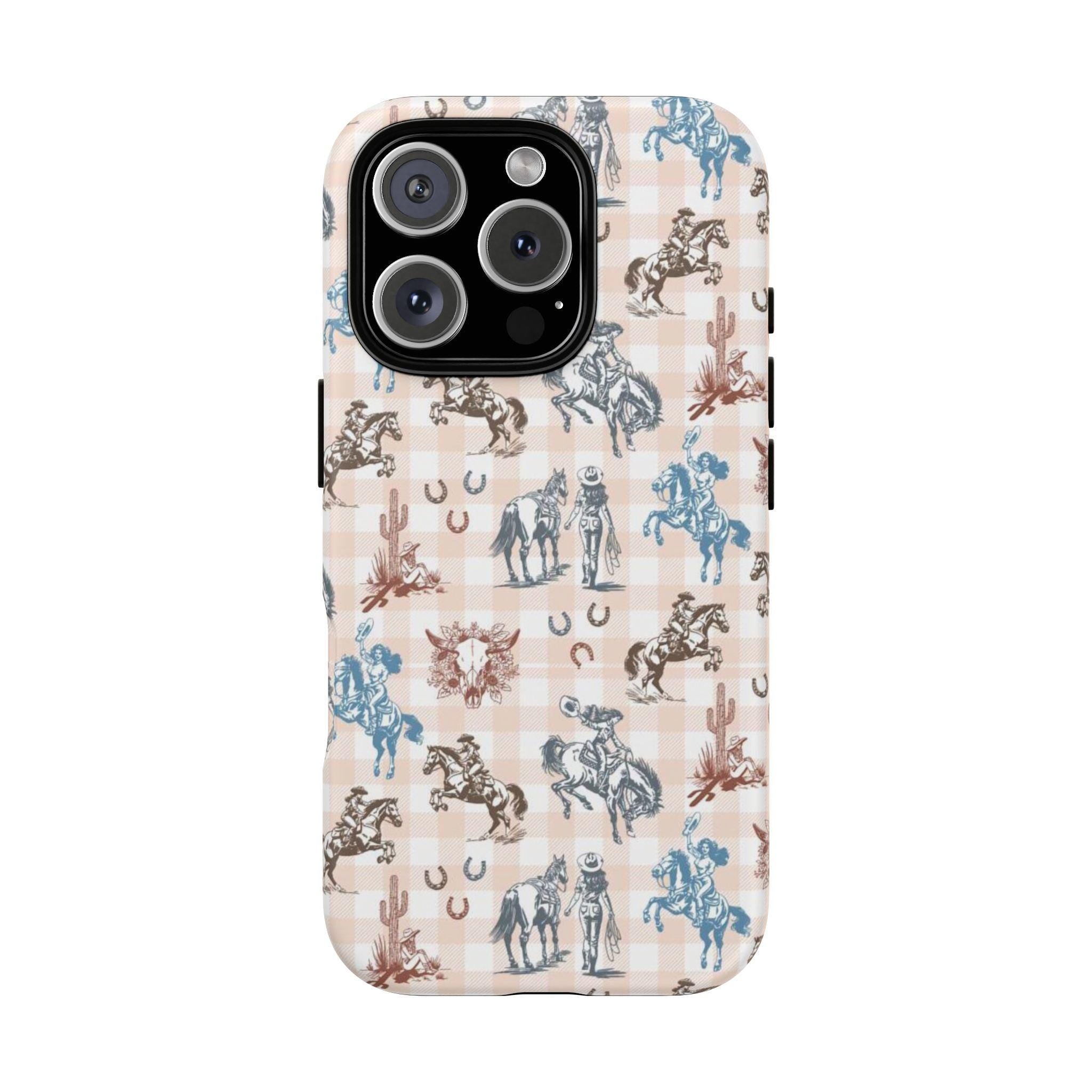 Western Cowgirl Phone Case , Tough Phone Case, Peach Plaid with Horses, Skulls & Cactus for iPhone, Samsung Galaxy, Google Pixel