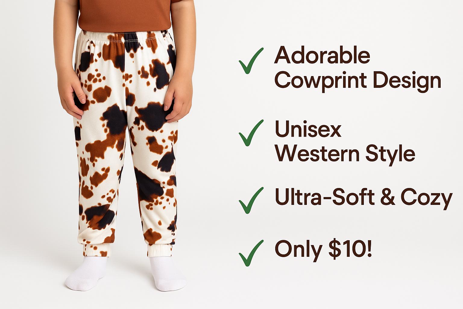 Western Sweatpants Kids Cow Print Joggers, Unisex Cowboy Cowgirl Ranch Style Pants for Boys & Girls
