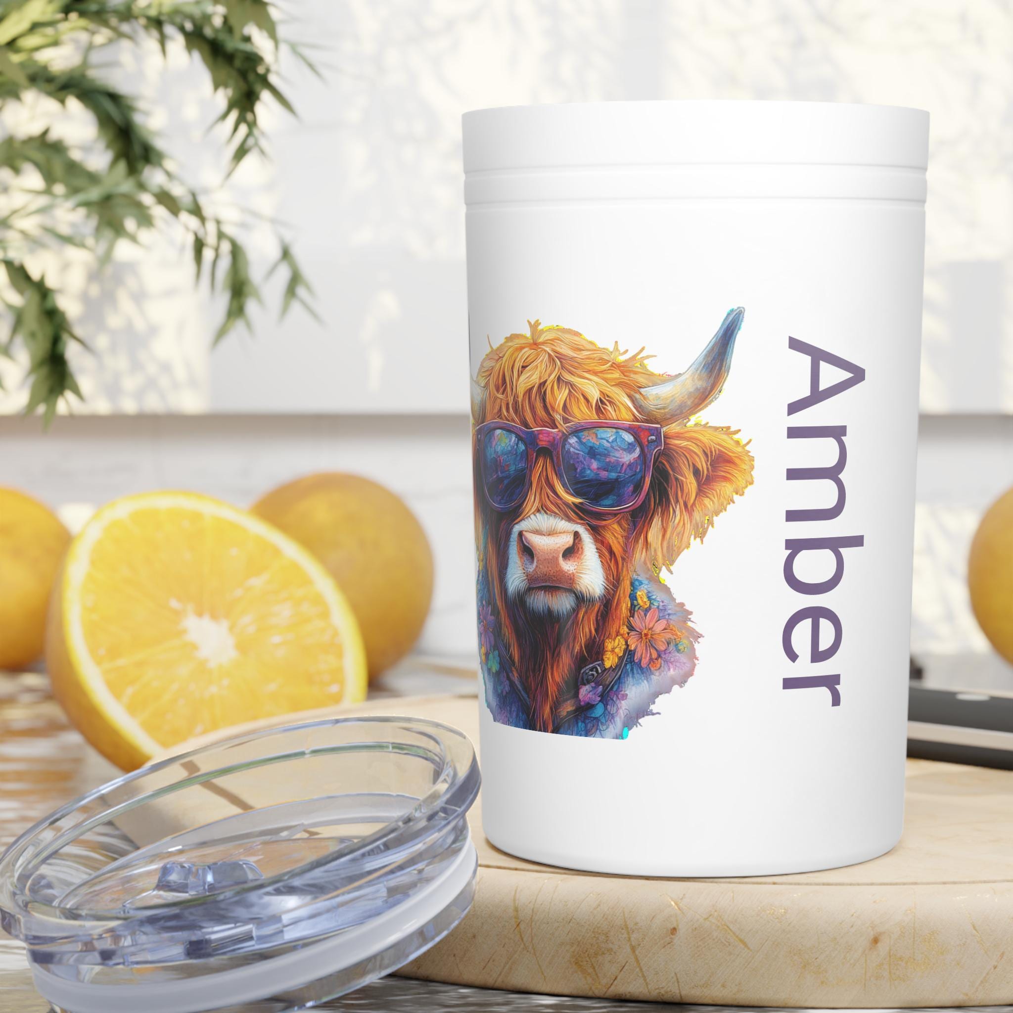 Highland Cow Vacuum Insulated Tumbler, Personalized Cow Lover Gift, Custom 11oz Mug, Highland Cow Print Cup, Cow Theme Travel Mug, Cute Cow