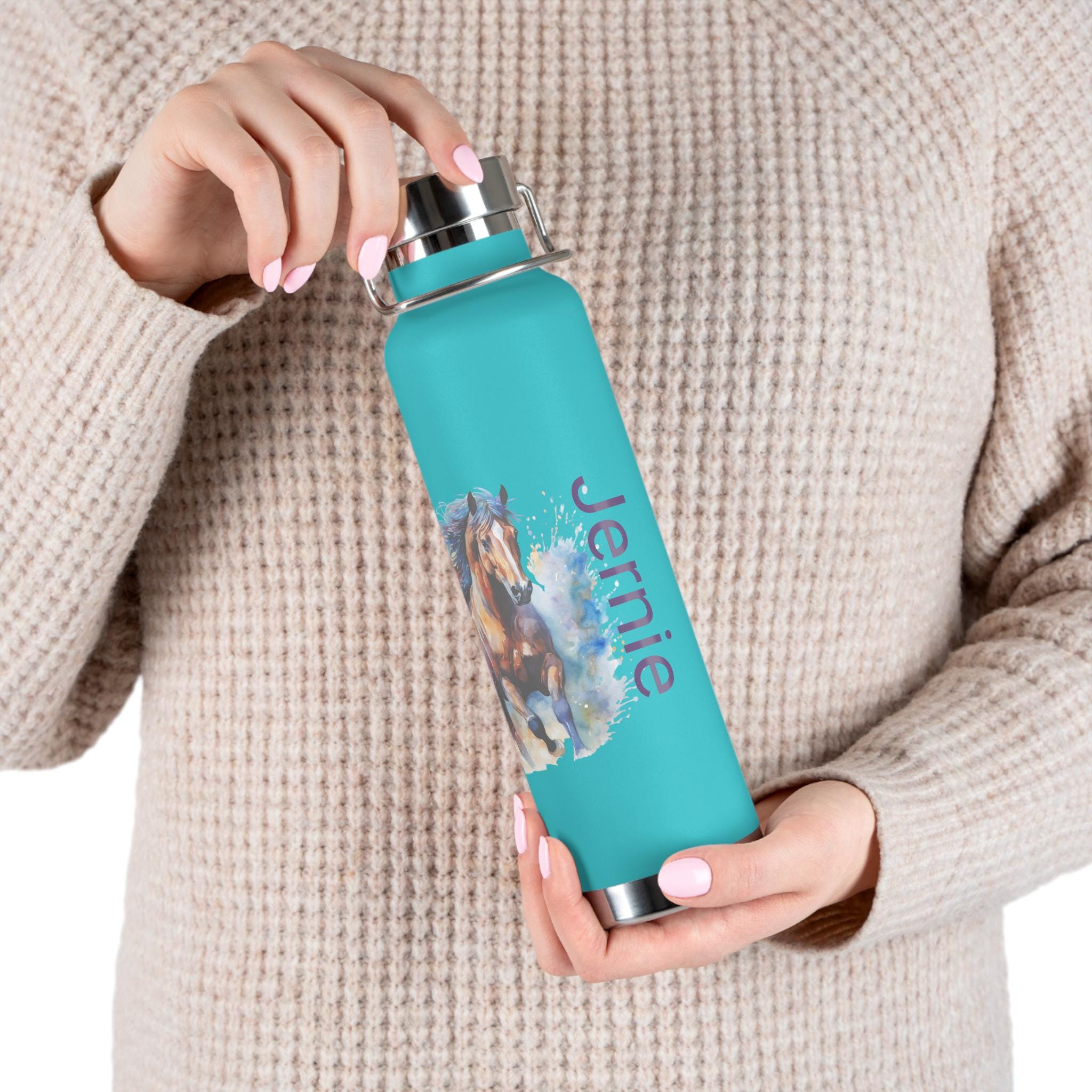 Watercolor Horse Custom Name Water Bottle, 22oz Stainless Steel Insulated Bottle for Kids or Horse Lovers -Razels