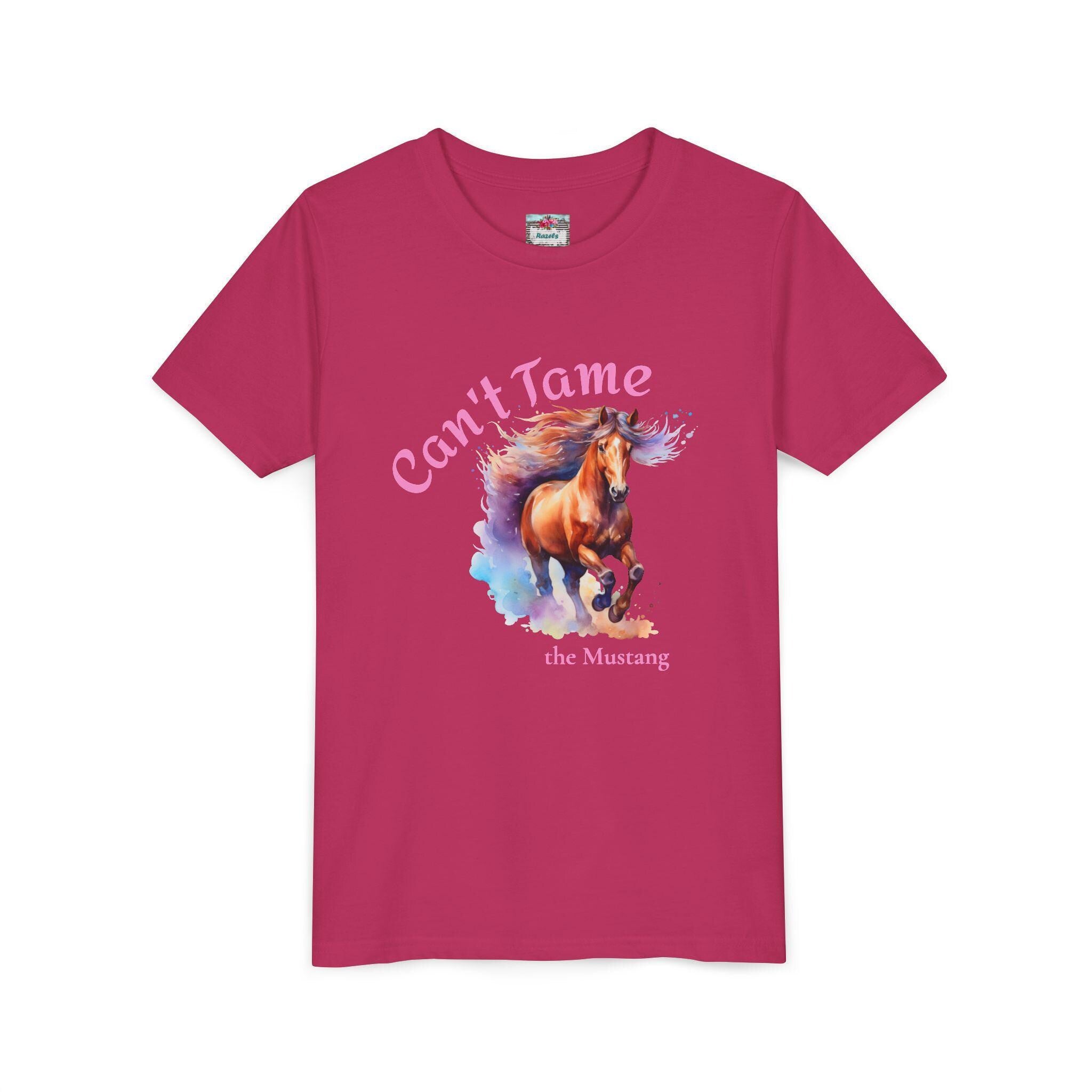 &quot;Can’t Tame the Mustang&quot; Youth Tee – Colorful Watercolor Horse Shirt for Girls
This youth short sleeve shirt features a stunning watercolor mustang in full gallop, bursting with color and personality. It’s made for the girls who ride fast, dream big, and aren’t afraid to stand out.

 Vibrant print that won’t fade after washing
✓ Lightweight with just the right fit — not too boxy, not too snug
✓ Tear-away label = no itchy tags, ever
✓ Side seams and shoulder taping to hold up to wild ad