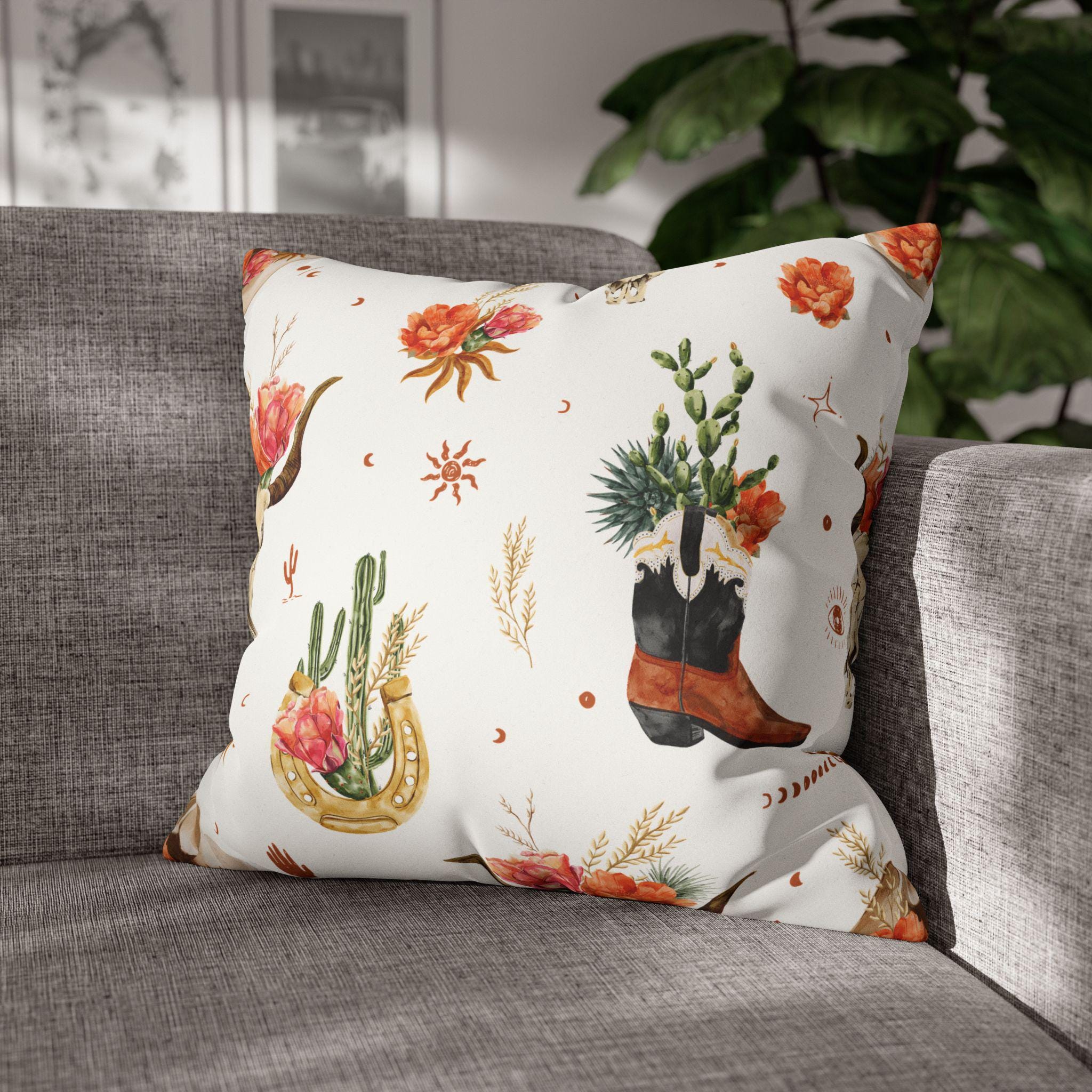 Western Throw Pillow: Boho Floral Cowboy Accent - Rustic Farmhouse Decor -Razels
