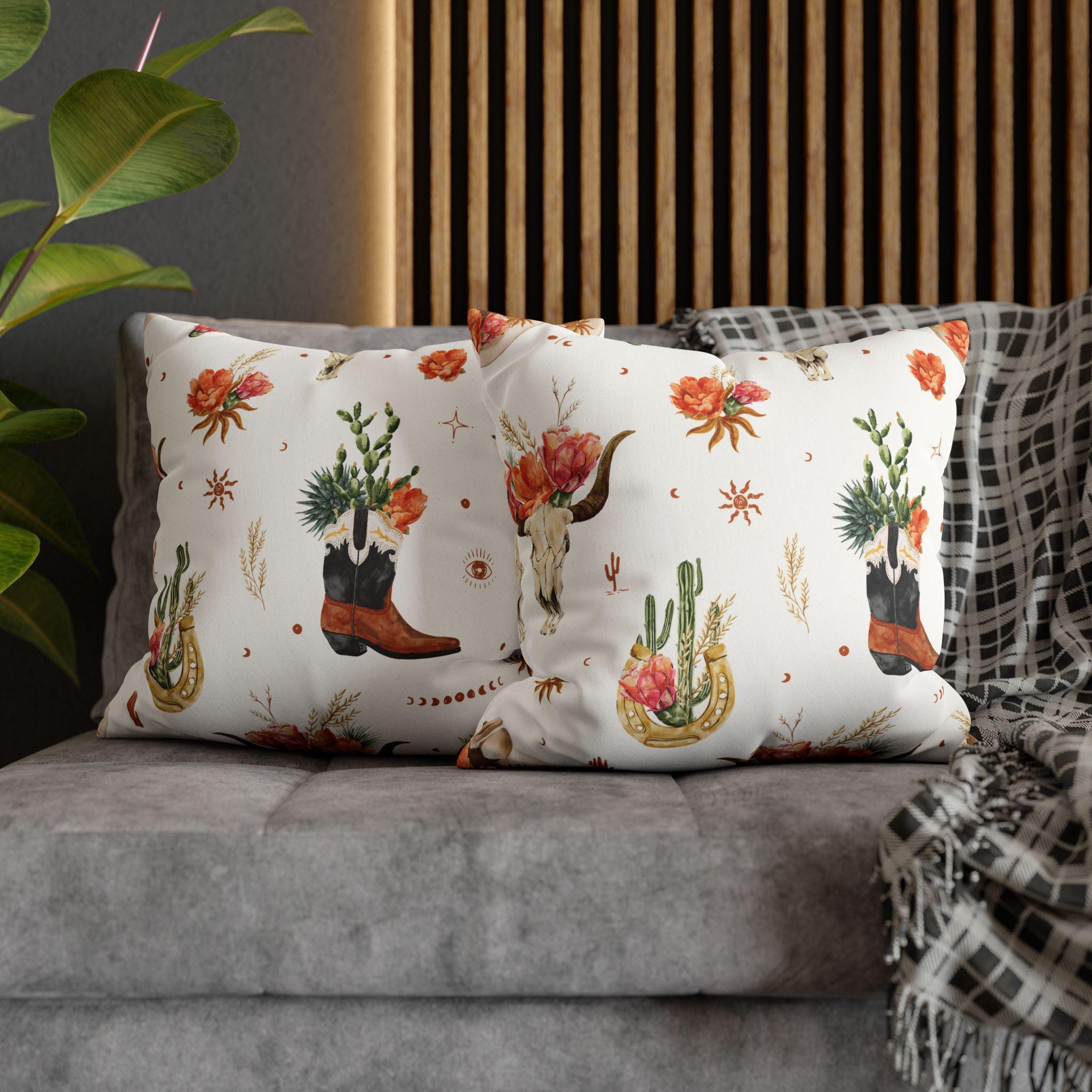 Western Throw Pillow: Boho Floral Cowboy Accent - Rustic Farmhouse Decor -Razels