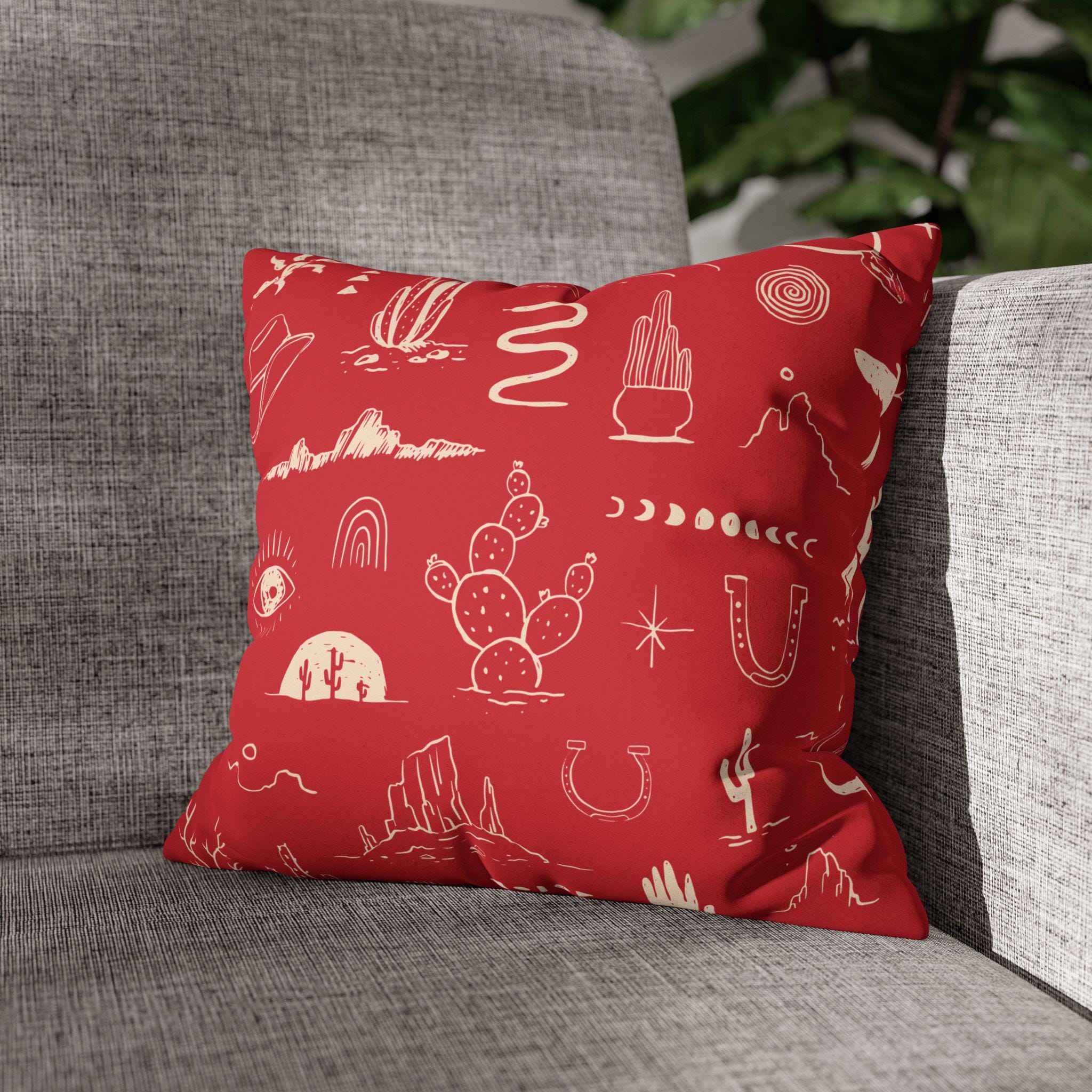 Western Motif Pillow Cover, Faux Suede Throw Pillowcase in 10 Colors, Cowboy Cactus Thunderbird Snake Design, 4 Sizes, Cowboy Decor Pillows