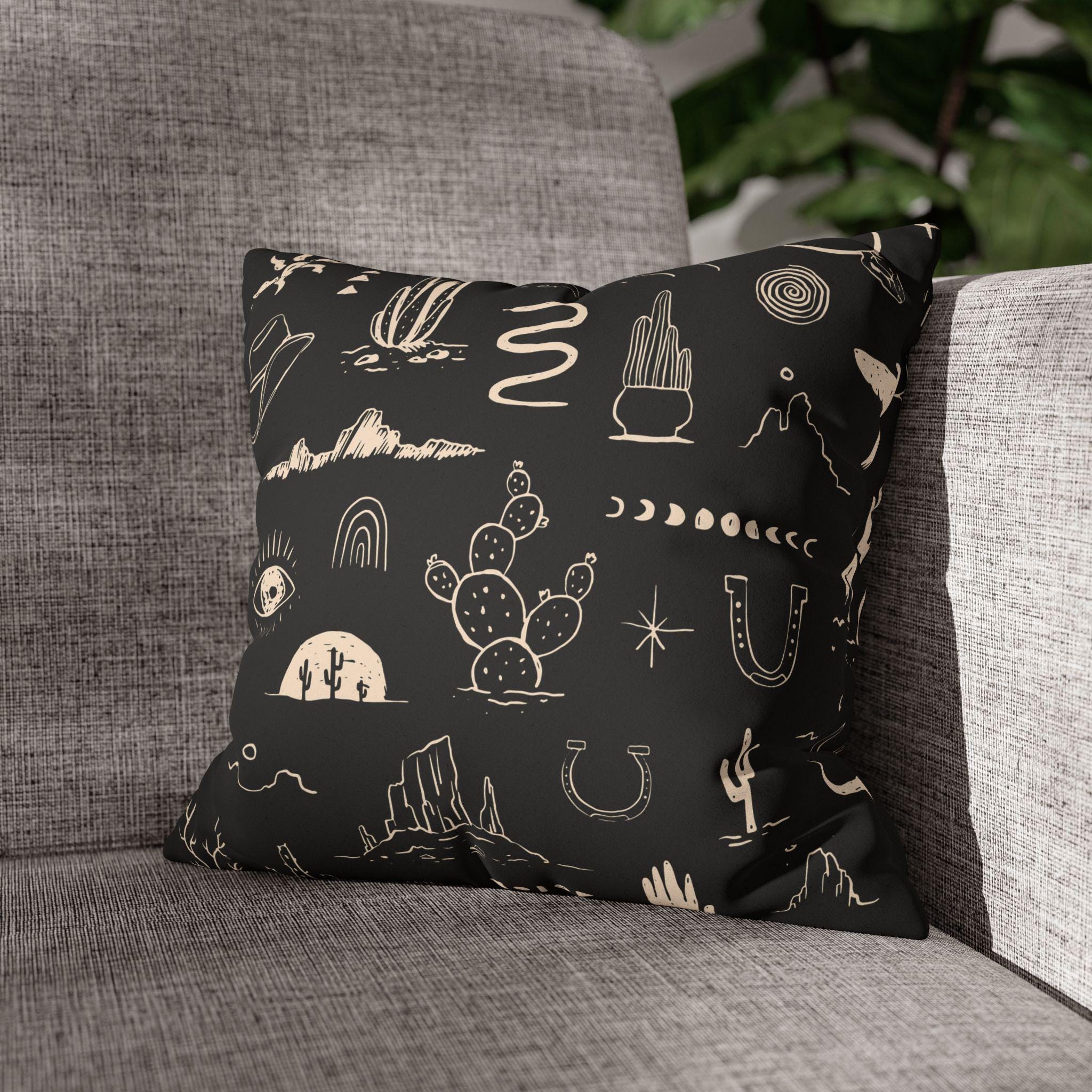 Western Motif Pillow Cover, Faux Suede Throw Pillowcase in 10 Colors, Cowboy Cactus Thunderbird Snake Design, 4 Sizes, Cowboy Decor Pillows