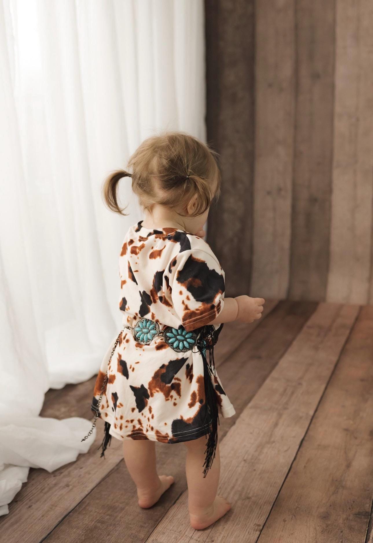 CLEARANCE T-Shirt Dress | Western Fringe Girls Cowprint Dress | Boho Horse Tunic for Kids, Cute Country Style Outfit