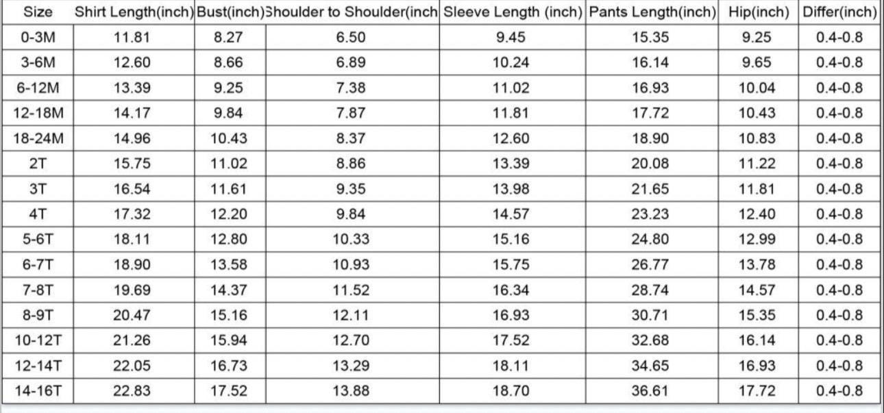 Razels kids pajama size chart