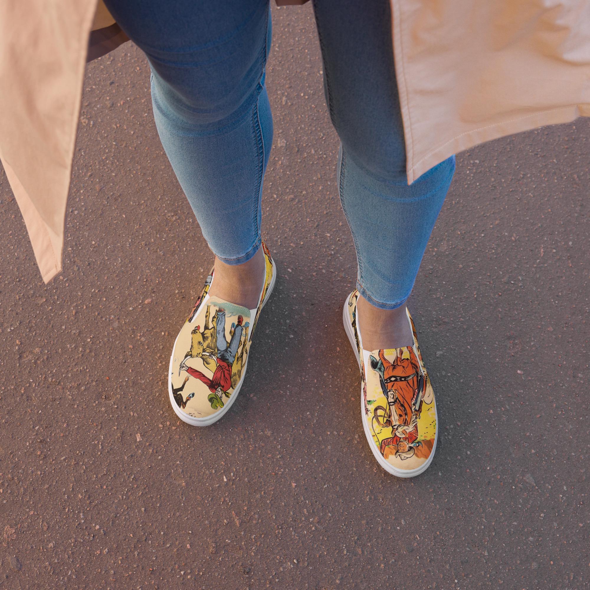Vintage Cowgirl Slip-On Sneakers – Western Style Made Easy 🤠
ships FREE
✓ Allover retro rodeo print with cowboys, bulls, and broncs
✓ Easy slip-on design with elastic sides for the perfect fit
✓ Soft, removable insole and breathable lining = all-day comfort
✓ Cushioned collar and tongue for extra cozy wear
✓ Durable EVA rubber outsole handles whatever the day brings
✓ Printed, cut, and handmade with attention to every stitch