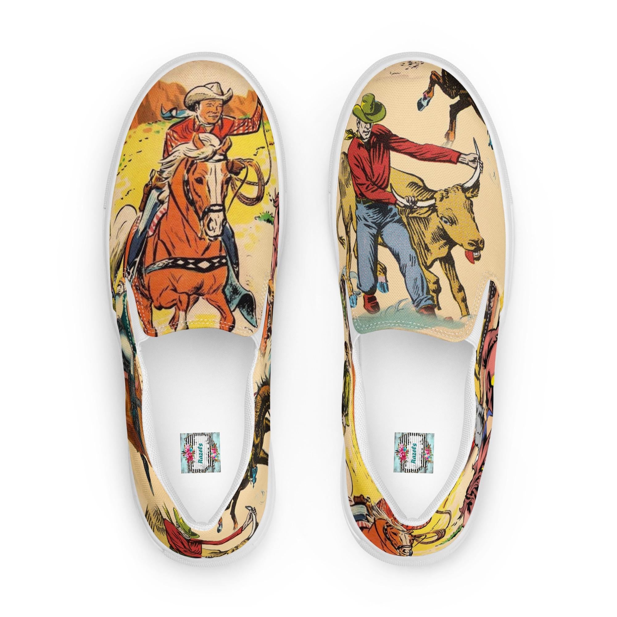 Vintage Cowgirl Slip-On Sneakers – Western Style Made Easy 🤠
ships FREE
✓ Allover retro rodeo print with cowboys, bulls, and broncs
✓ Easy slip-on design with elastic sides for the perfect fit
✓ Soft, removable insole and breathable lining = all-day comfort
✓ Cushioned collar and tongue for extra cozy wear
✓ Durable EVA rubber outsole handles whatever the day brings
✓ Printed, cut, and handmade with attention to every stitch