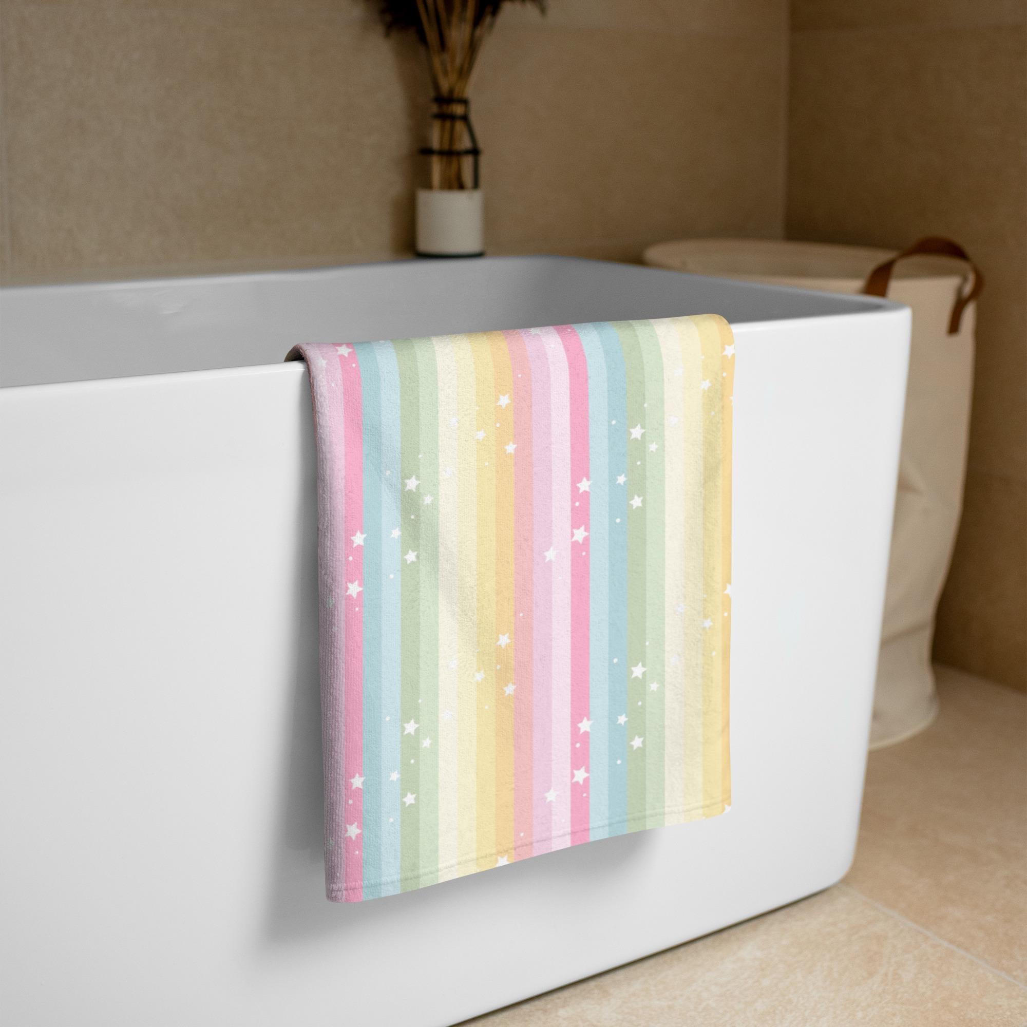 Rainbow Towel, Girly Bathroom Decor, Pastel Rainbow & Stars Beach Towel