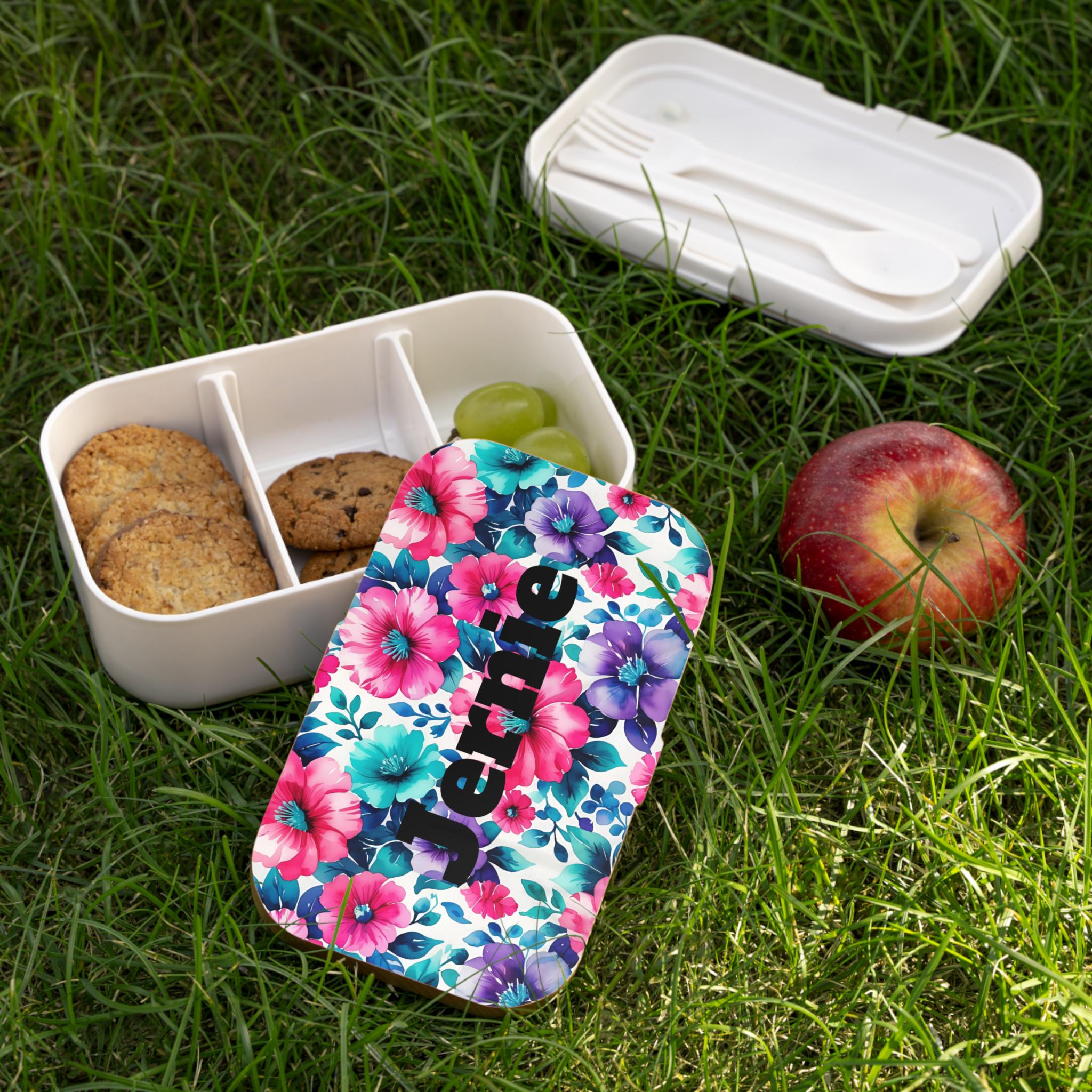 Personalized Floral Bento Box, Customizable Lunch Container, Kids Name Lunch box, Matching Backpack & Water Bottle Available