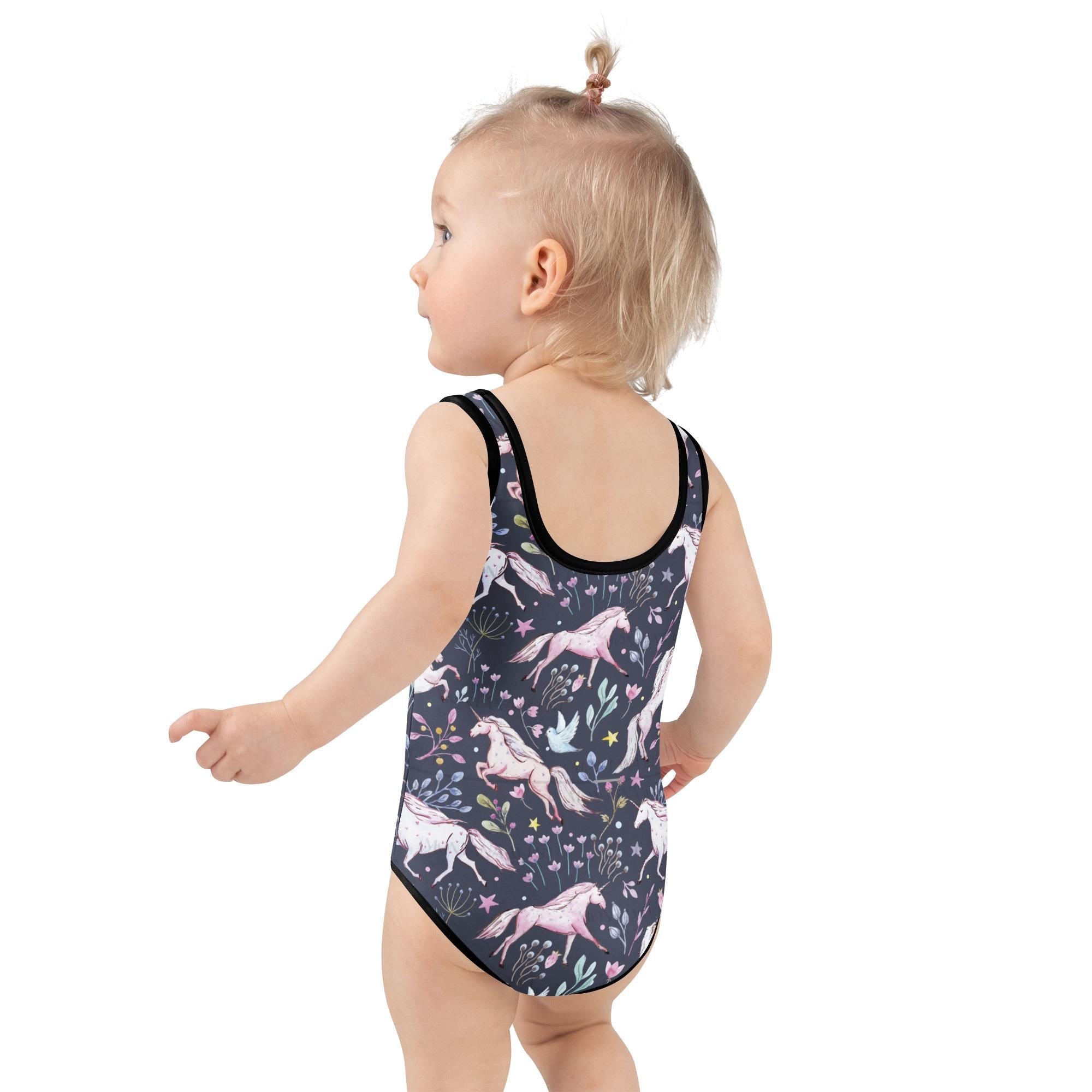 Unicorn & Flowers Kids Swimsuit, Navy one-piece Swimsuit, Unicorn Lover