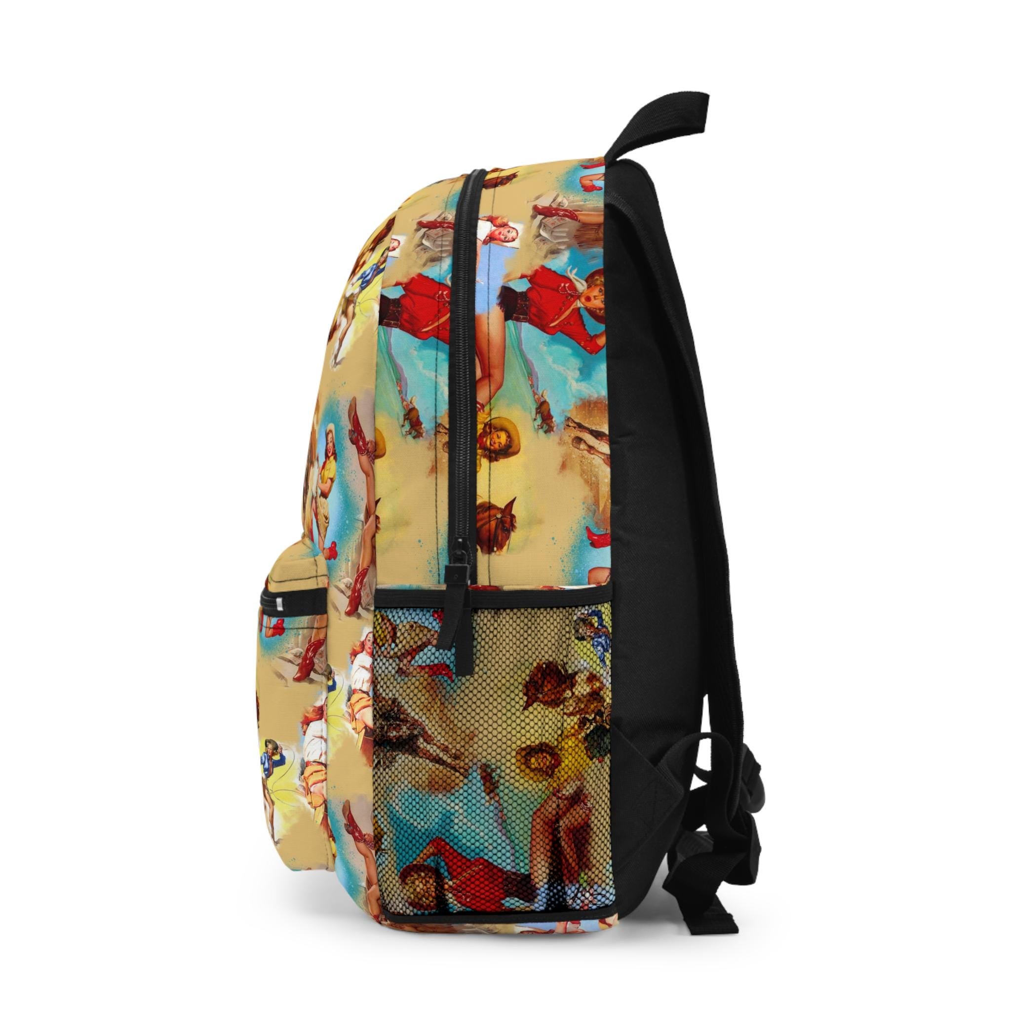 🎒 Vintage Cowgirl Backpack – Retro Western Vibes!
Customizable Cowgirl Print | Western School Bag | Personalized or Blank
 Add a name or initials, or keep it blank for that classic vintage look.

It’s lightweight but tough—ready for books, boots, or weekend getaways.
✓ Roomy interior
✓ Adjustable shoulder straps for all-day comfort
✓ Made from strong yet lightweight spun polyester
✓ Inner name tag + secure zippered compartments
✓ Optional personalization with name or initials