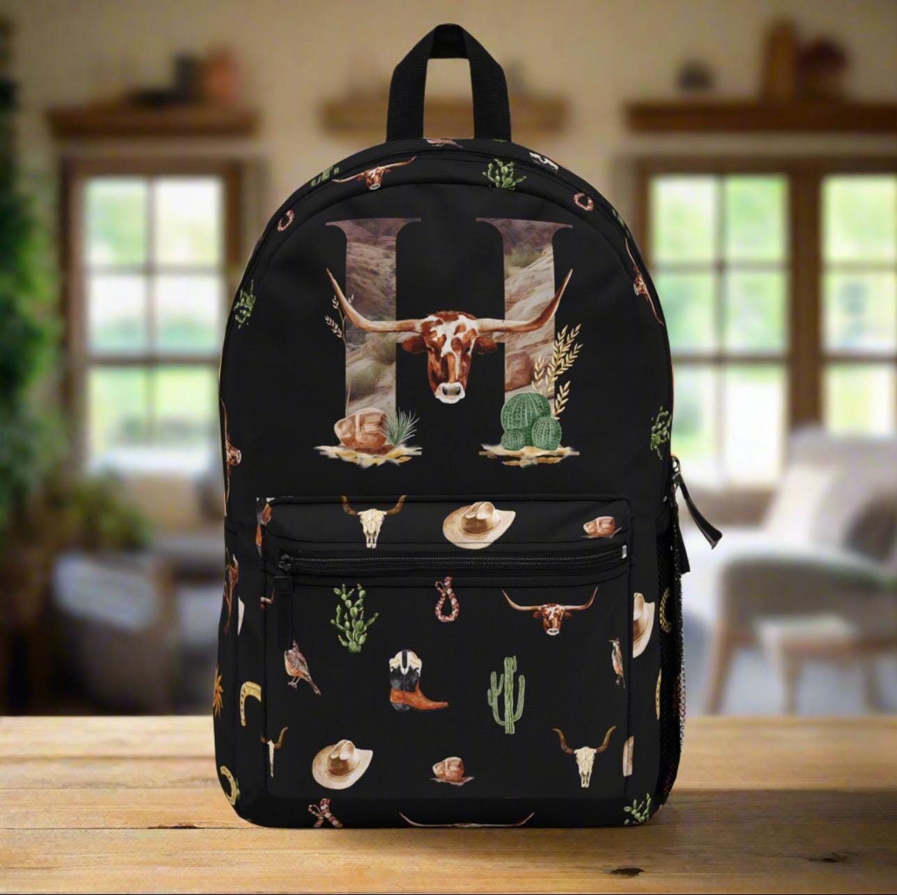 Personalized Western Backpack , Black Cowboy Print Bag with Initial