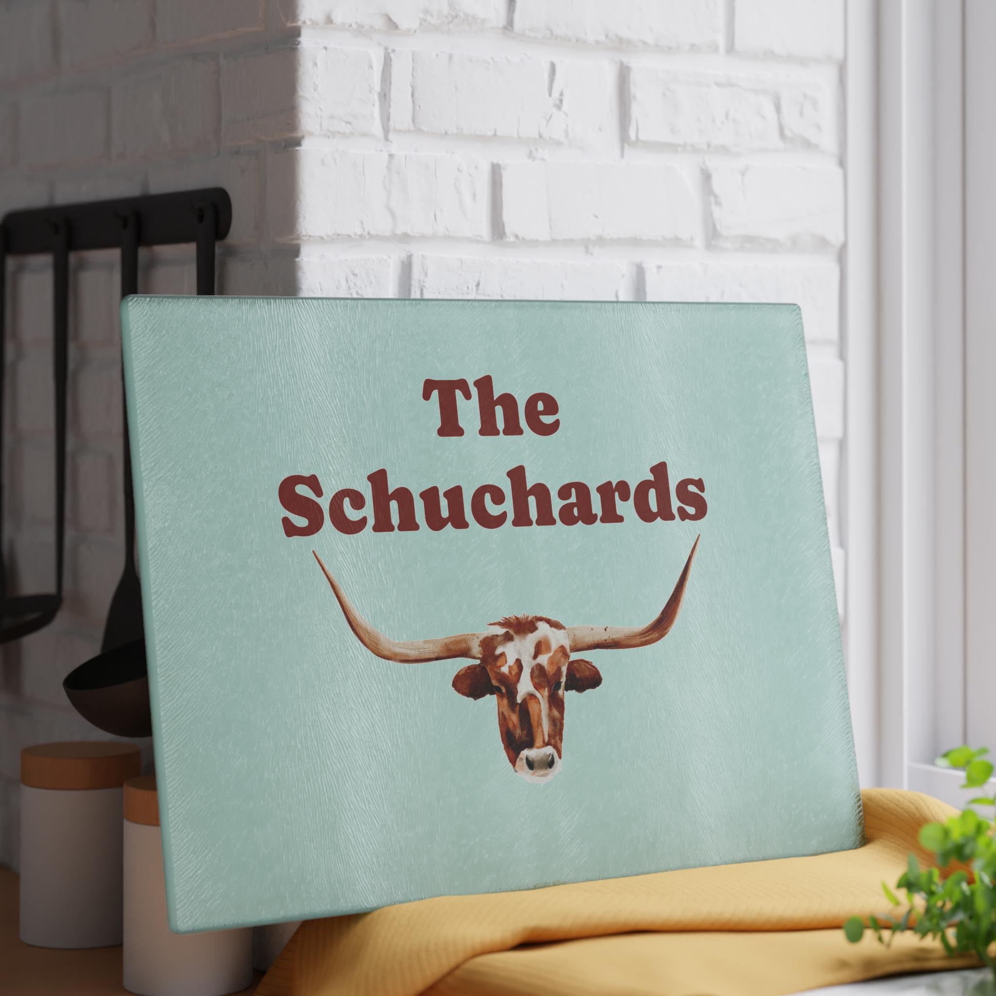 Personalized Watercolor Longhorn Cutting Board, Custom Family or Business Name | Rustic Western Kitchen Decor