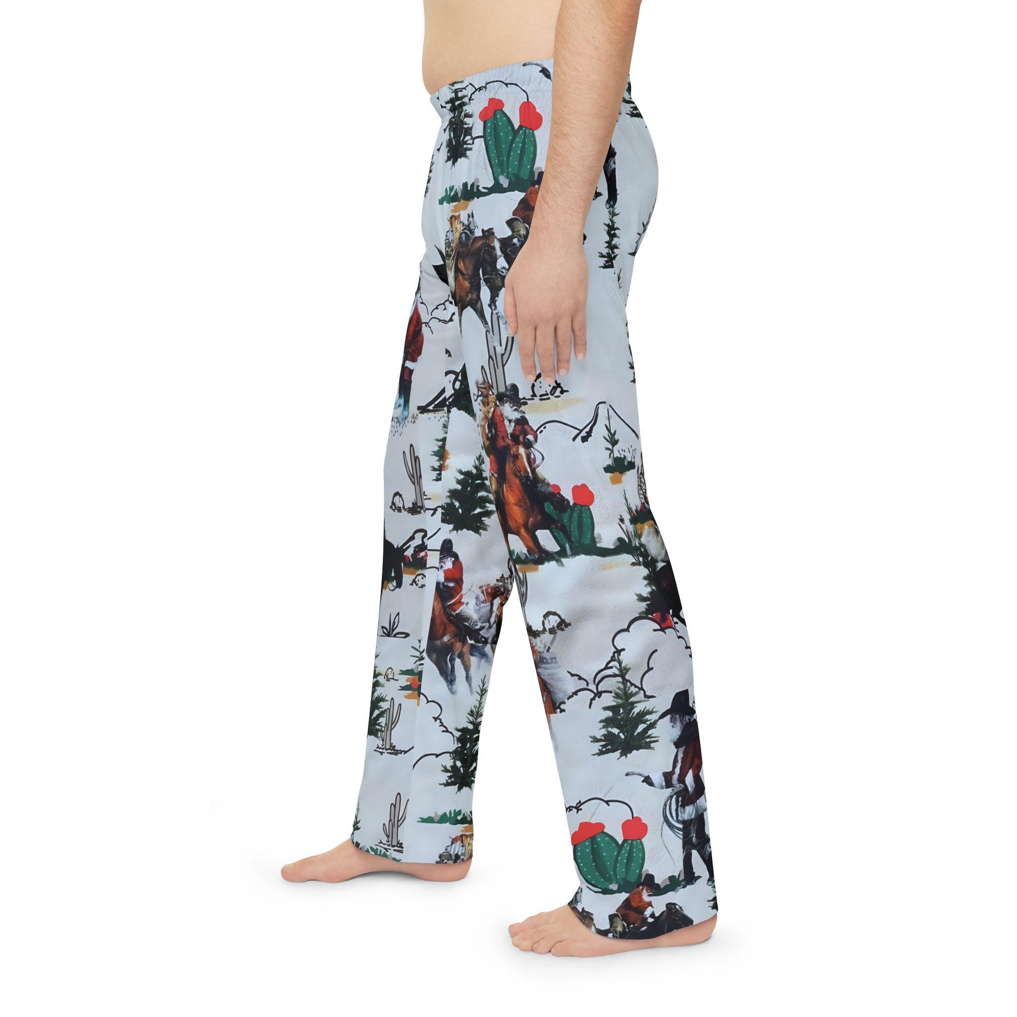 Yeehaw and Merry Christmas! 🤠🎅 These Men&#39;s Cowboy Santa Pajama Pants are ready to ride into your holiday season! Santa’s delivering gifts on horseback—with one horse lookin’ a little broncy. Whether you&#39;re wrangling gifts or sipping cocoa, these pants are made for holiday fun.

✓ 100% soft polyester jersey
✓ Bright, crisp allover cowboy Santa print
✓ Adjustable drawstring waistband
✓ Relaxed unisex fit
✓ Lightweight for all-day comfort
✓ Double-stitched for durability