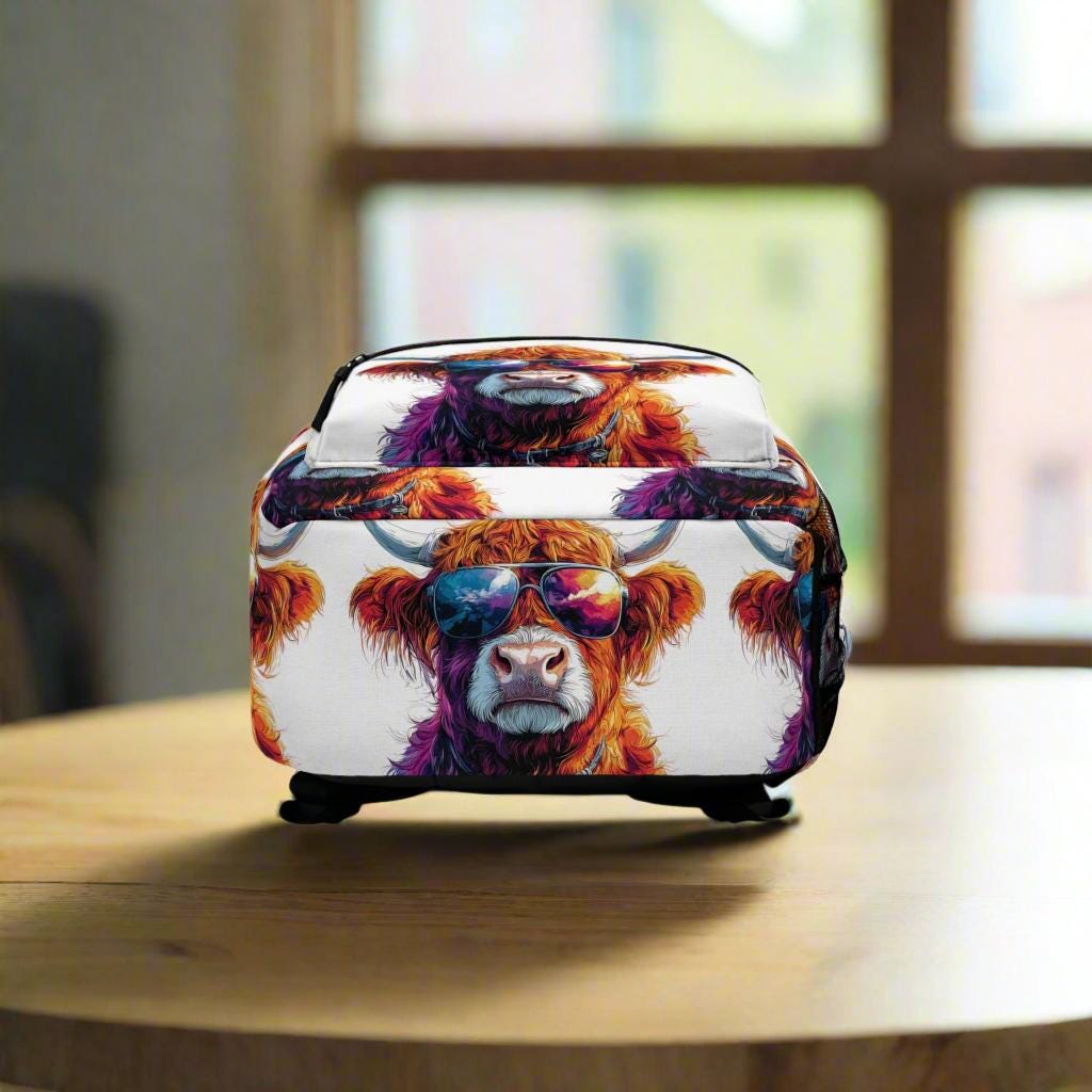 Personalized Highland Cow Backpack: Sunglasses Cowgirl/Cowboy School Bag