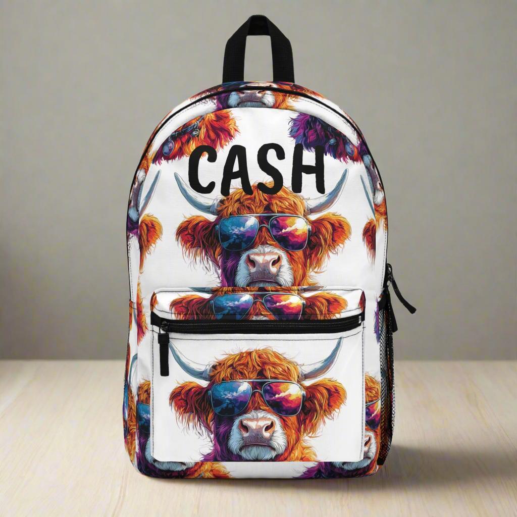 Personalized Highland Cow Backpack: Sunglasses Cowgirl/Cowboy School Bag