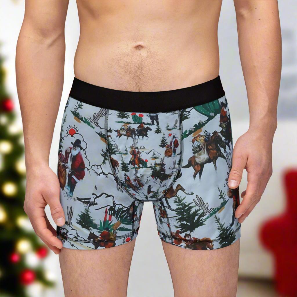 Saddle up for some serious holiday cheer! These Men’s Cowboy Santa Boxers are bringing the Christmas spirit with a bold Western twist. Featuring Cowboy Santa riding horseback (with a wild bronc or two in the mix), these festive undies are perfect for Christmas morning laughs, cozy nights in, or just spicing up your everyday basics. 
✓ 92% polyester for durability and fast drying
✓ Soft elastic waistband for all-day comfort
✓ Bright, vibrant allover Cowboy Santa print
FREE SHIPPING $35+