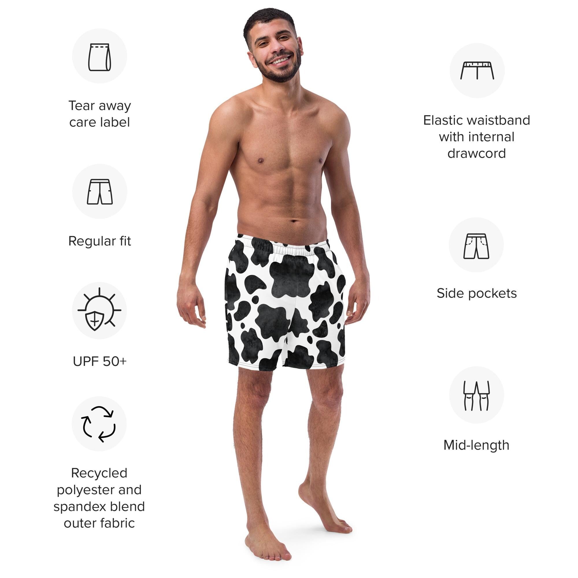 Black and White Cowprint Recycled Swim Trunks – Western Men&#39;s Swim Shorts, Matching Family Swim