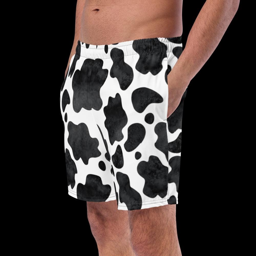 Black and White Cowprint Recycled Swim Trunks – Western Men's Swim Shorts, Matching Family Swim